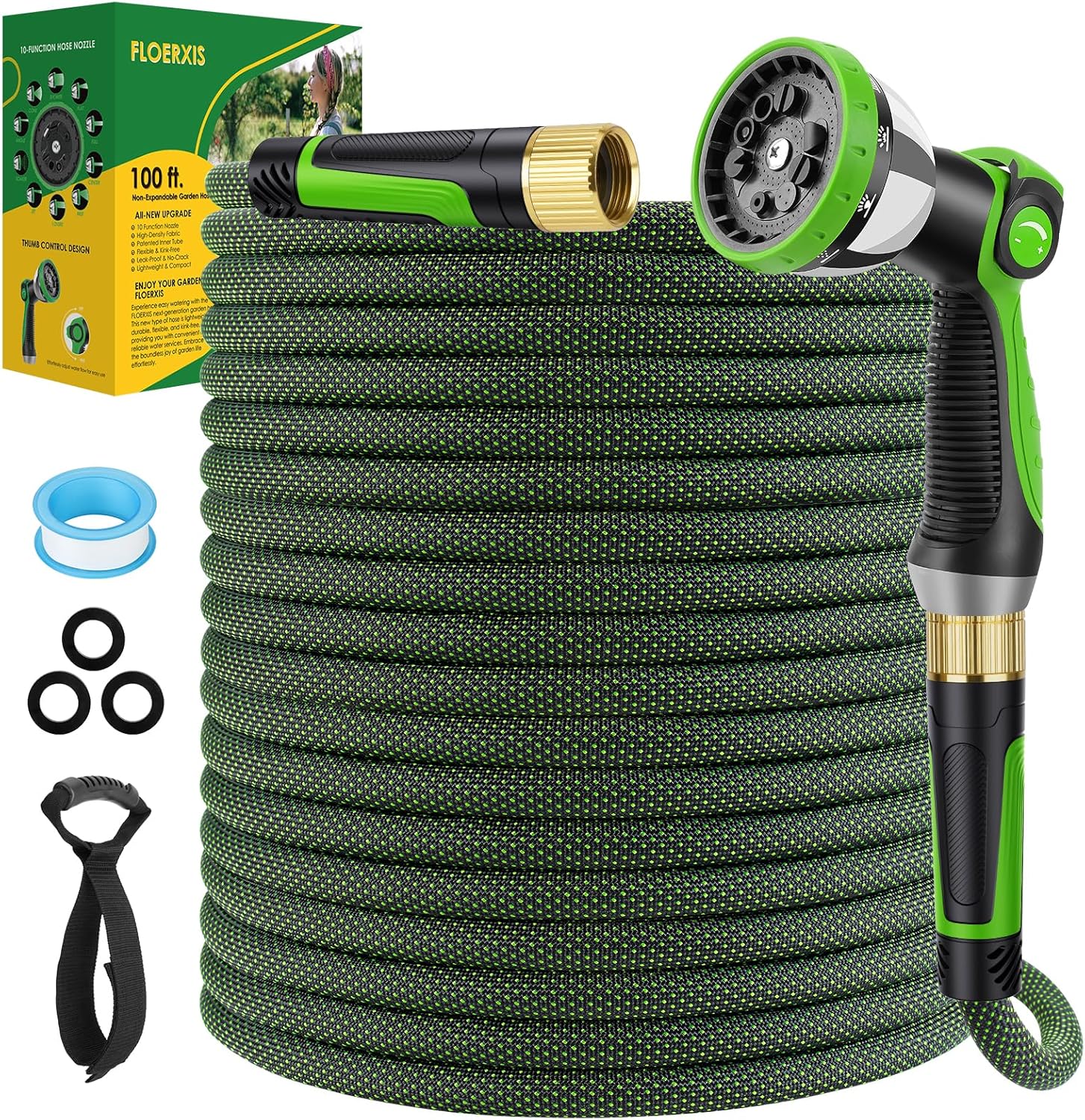 Non-Expandable Garden Hose 100 FT, Lightweight Hose with 10 Function Spray Nozzle, Kink-Free Flexible Water Hose, Durable, Leak-Proof, 360° Swivel Connectors, Portable Storage Strap
