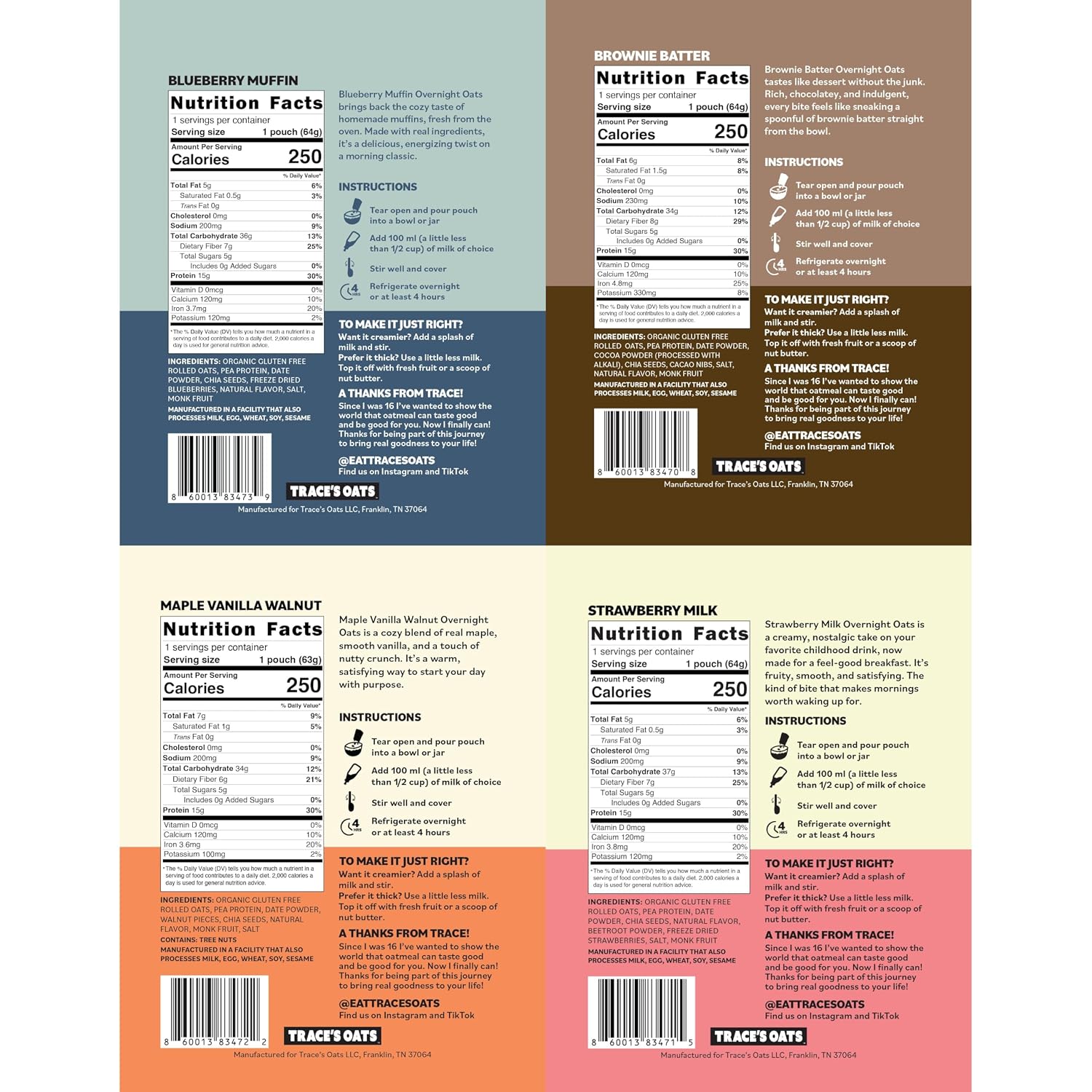 Trace’s Oats Overnight Oats with 15g Protein, High Fiber, Gluten Free, Glyphosate Free, 100% Plant Based, 4 Flavors (8 Pack) - Blueberry Muffin, Brownie Batter, Strawberry Milk, Maple Vanilla Walnut image 2