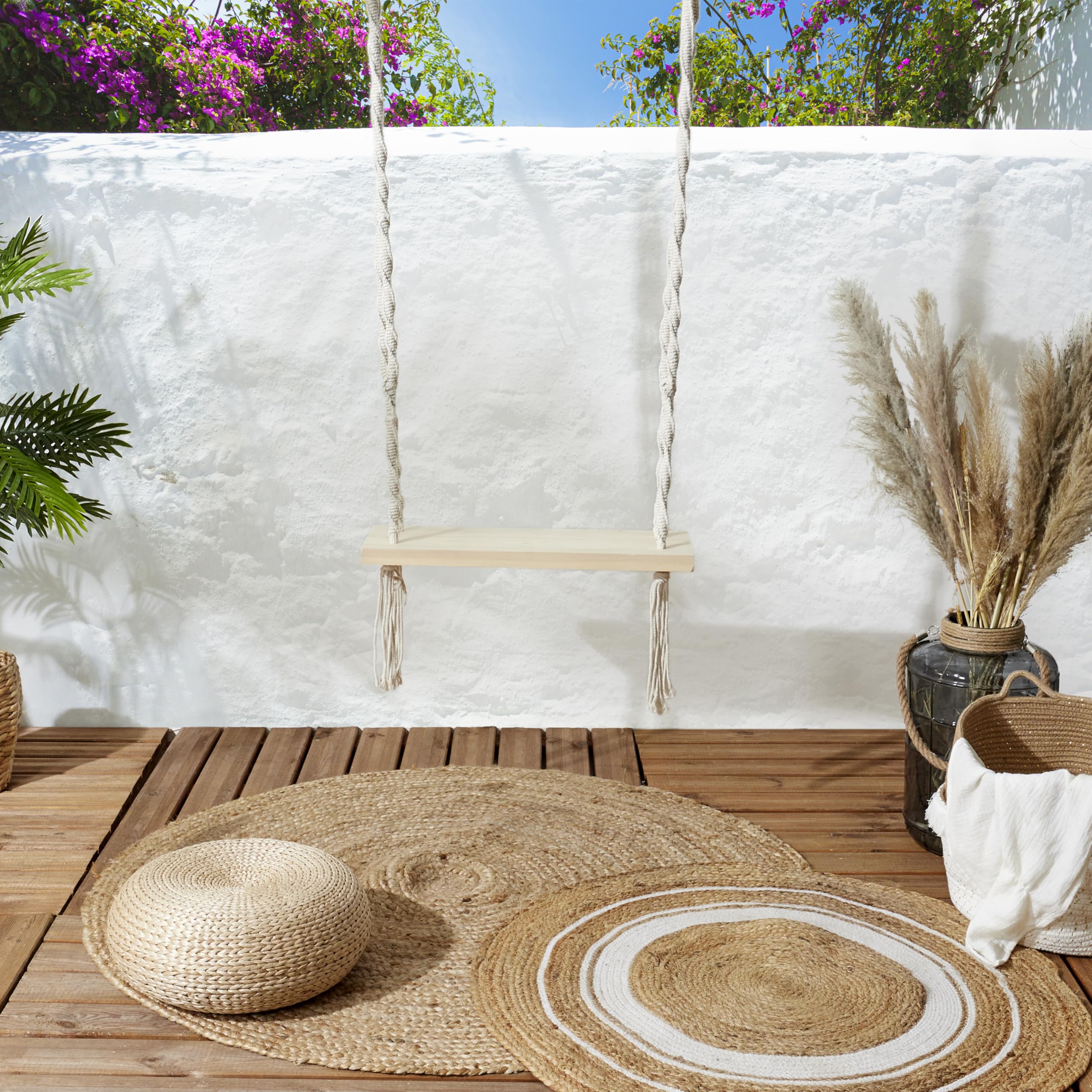 HOME DECO FACTORY, HDO0129, Altalena in legno macramè, sedia sospesa per esterni, mobili, mobili da giardino, seduta per esterni, 60 x 150 x 20 cm, Bianco
