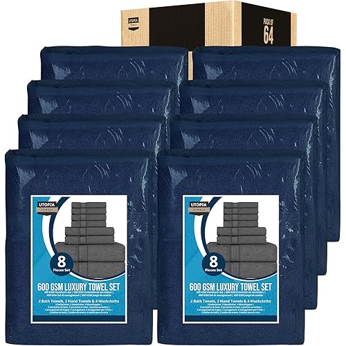 Utopia Towels Set, 16 Bath Towels, 16 Hand Towels, and 32 Washcloths, 600 GSM Ring Spun Cotton Highly Absorbent Towels for Bathroom, Shower Towel, (Pack of 64) (Navy)