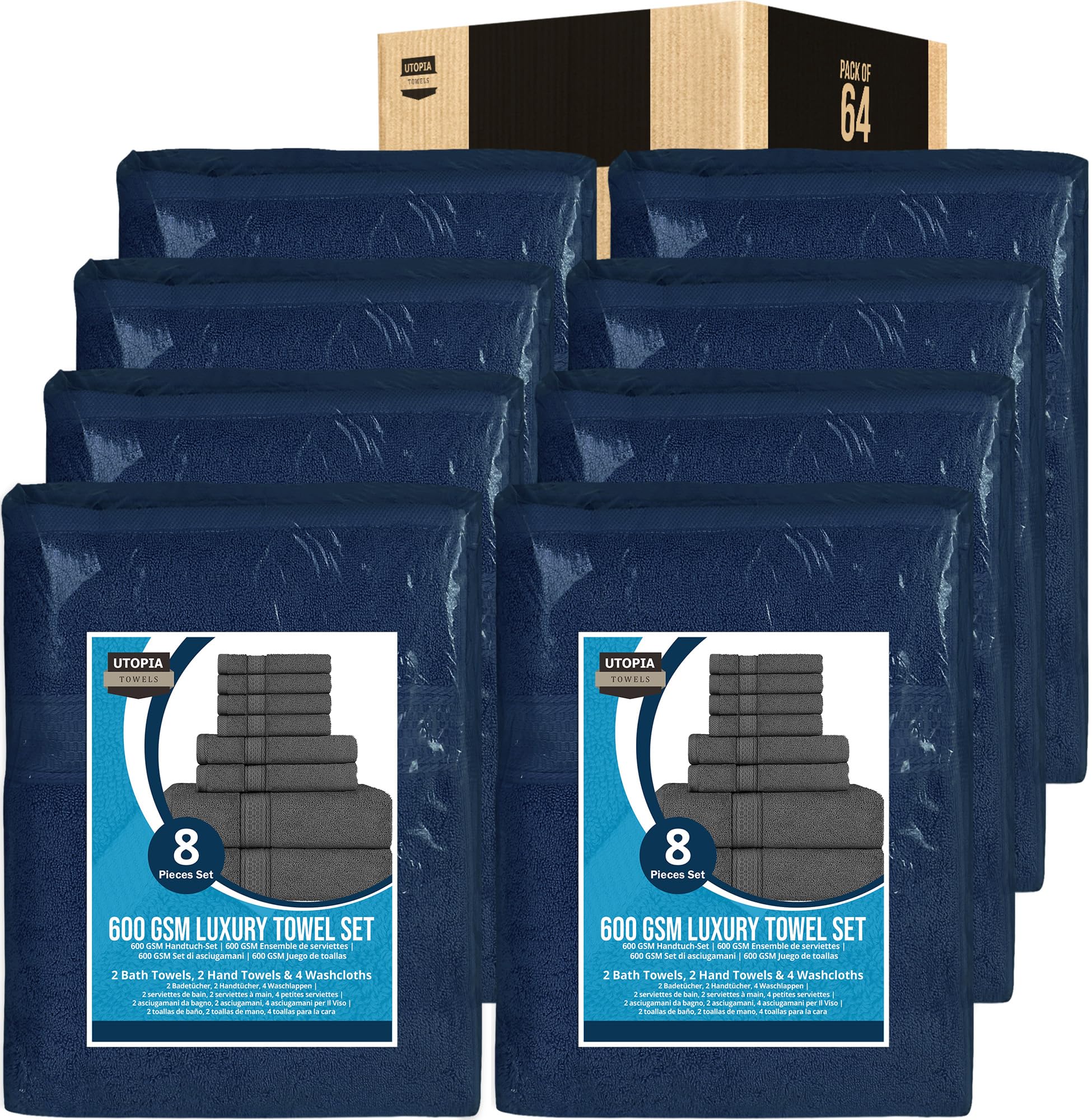 Utopia Towels 64 Piece Towel Set - 16 Bath Towels, 16 Hand Towels and 32 Washcloths Cotton Hotel Quality Super Soft and Highly Absorbent (Navy)