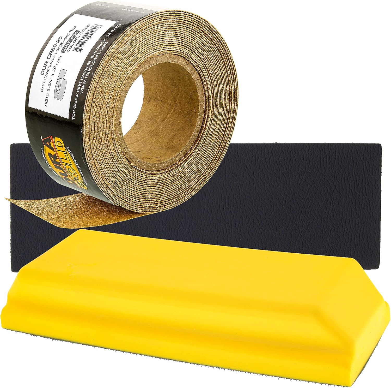 Dura-Gold Pro Series Rectangle 7-3/4" x 2-3/4" Hand Sanding Block Pad with 80 Grit Gold PSA Longboard Sandpaper 20 Yard Long Continuous Roll, 2-3/4" Wide