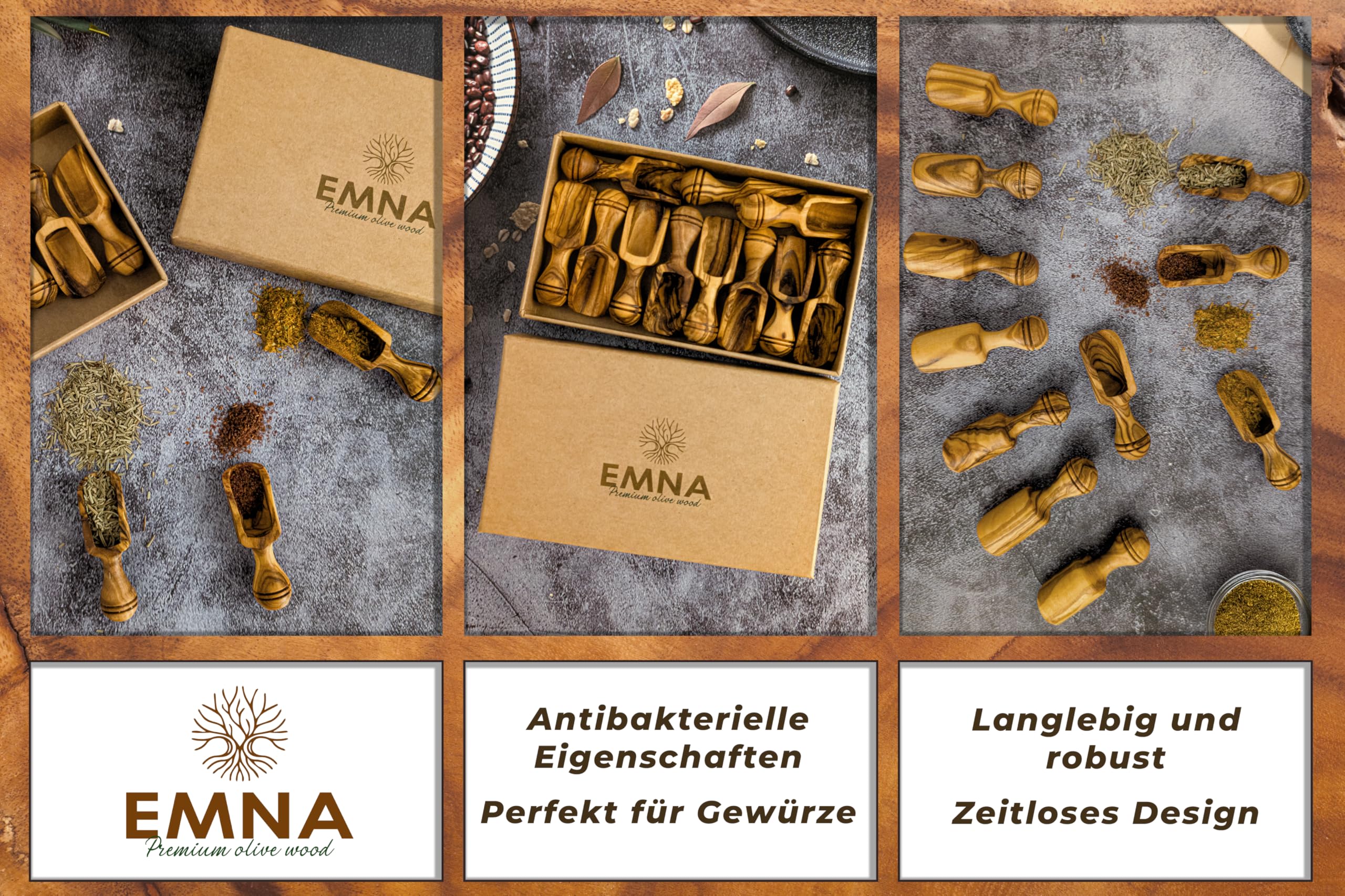 EMNA - 11 x superfici in legno d'ulivo, piccole circa 6 cm, lussuosa idea regalo, regalo in legno d'ulivo, regalo di Natale per la festa della mamma, spezie, decorazione per cucina, legno