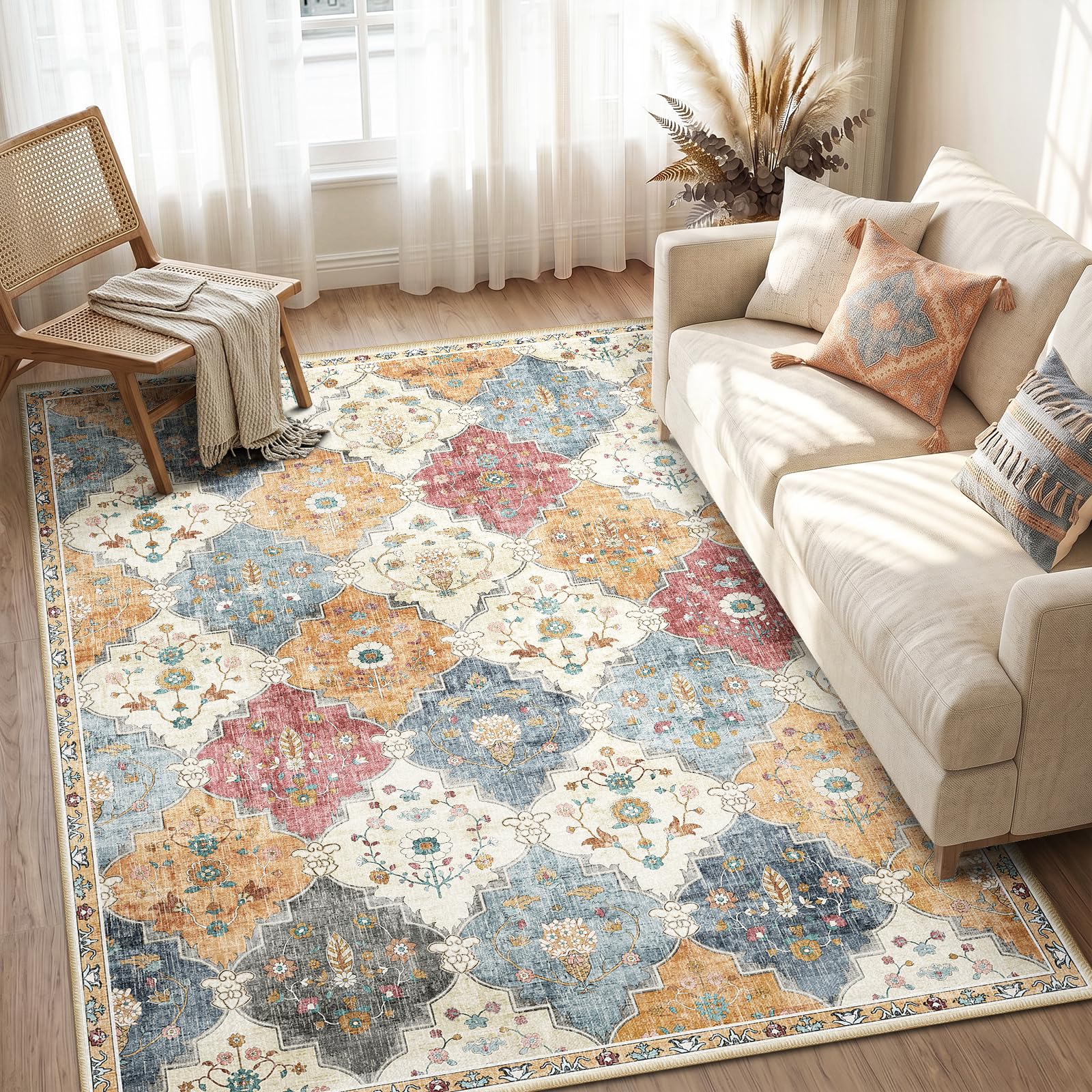 INOVADAY Rugs Living Room 140x200 cm Moroccan Washable Rug Low Pile Boho Rug with Print Pattern Anti Slip Carpet for Bedroom Dining Room Home Office Indoor Orange/Red