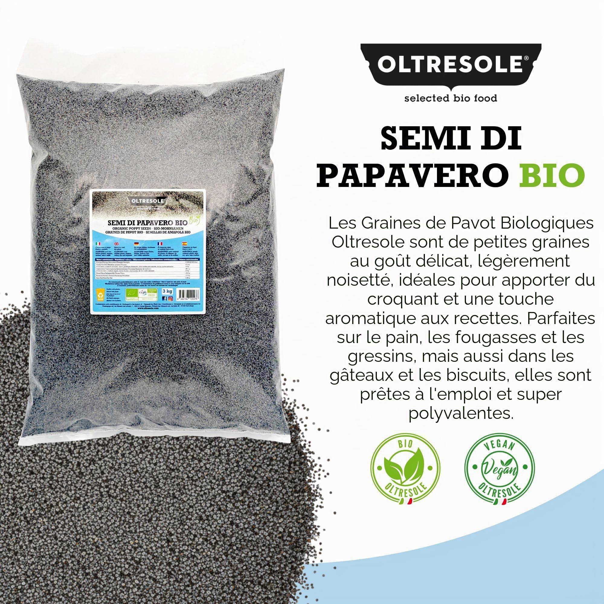 Oltresole, Organic Poppy Seeds 3 kg, Graines de pavot biologiques, riches en nutriments, idéales pour la cuisine et la consommation, format pratique