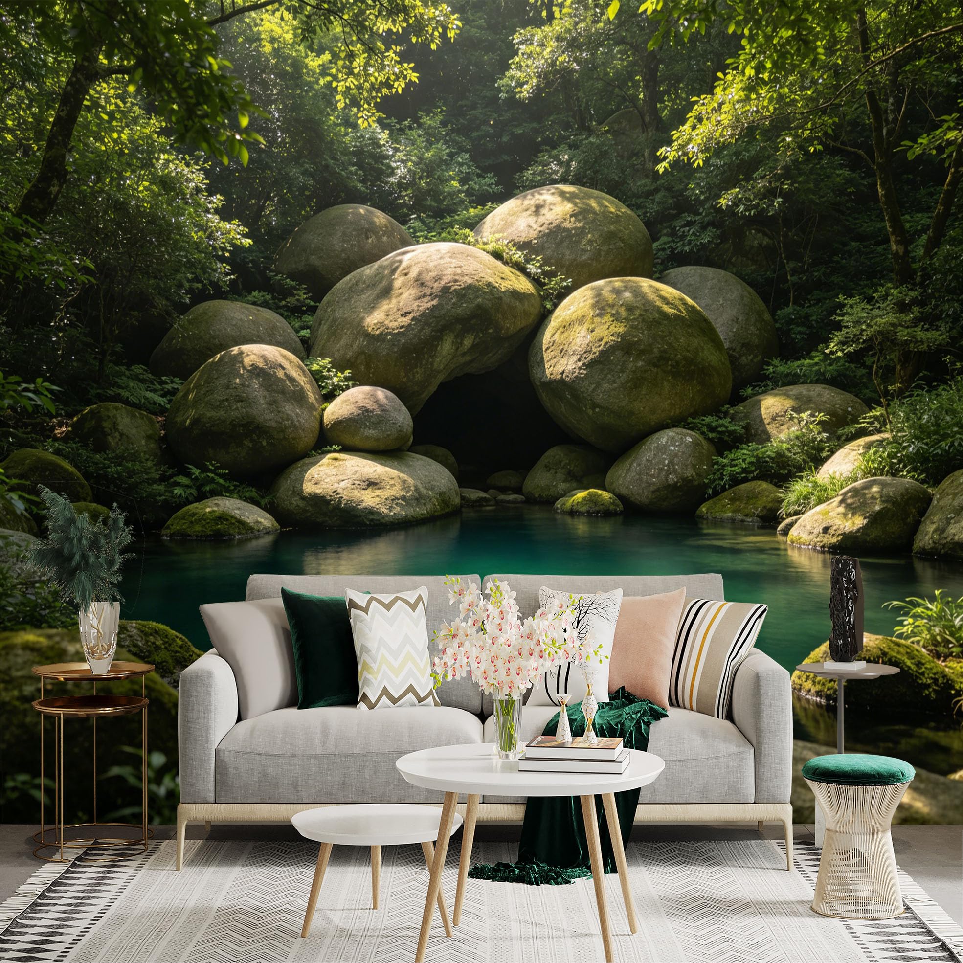 Lnzczhyre Dbh260521383 Custom Size Wall Sticker Mural， Serene Emerald Forest Pond， Large Mossy Boulders， Sunlit Woodland Retreat， Natural Zen Landscape， For Wall Decoration， Peelandstick Wall Decals.