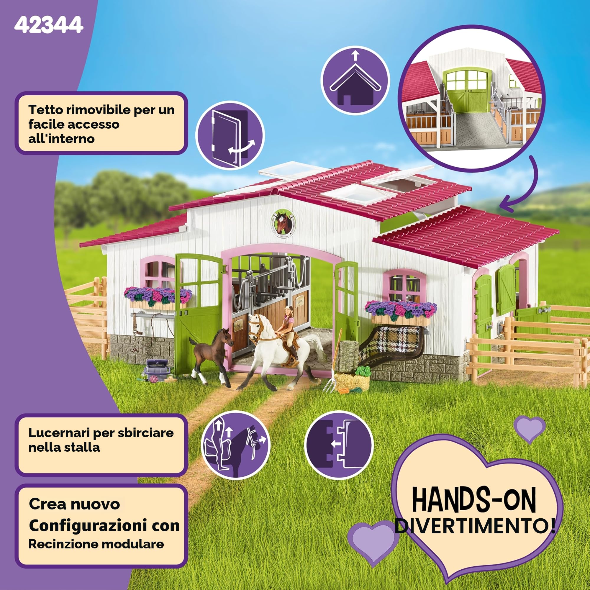 SCHLEICH HORSE CLUB | Maneggio con cavallerizza e cavalli 42344 | Set con scuderia, personaggio e 2 cavalli con accessori | Regalo per bambini | Giocattolo dai 5 anni | 97 pezzi | esclusiva Amazon