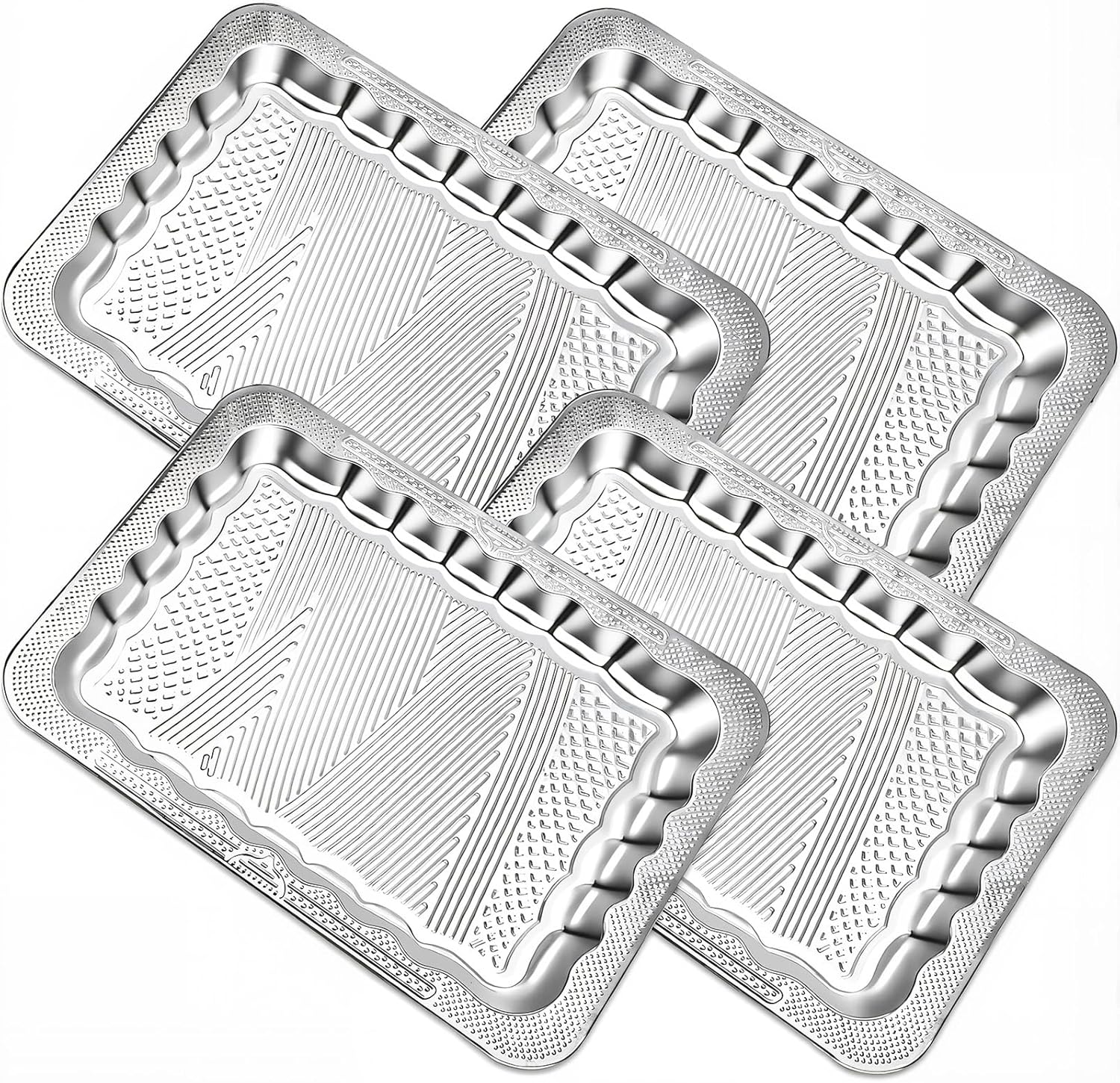 4 Pack 18.9" x 12.8" Large Silver Serving Trays for Dessert Table Stainless Steel Silver Platters Floral Engraved Mirror Serving Platters for Wedding, Cookies, Desserts, Party Food Display