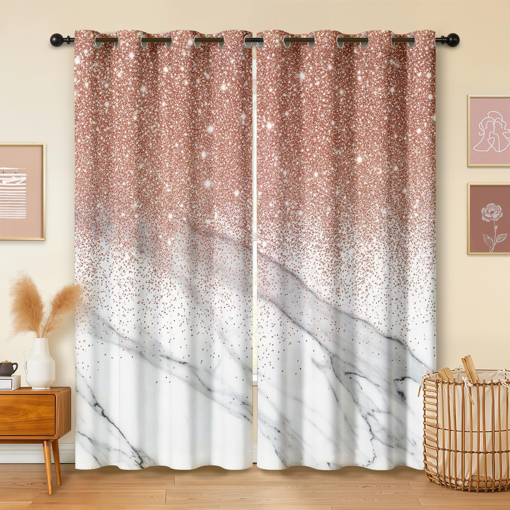 Havenix Glitter Rose Gold Blackout Curtains for Bedroom Living Room, 54 inch Drop Curtains 46x54, Thermal Insulated Eyelet Drapes for Windows, White Marble Patterned Window Treatments, 2 Panels — image 1
