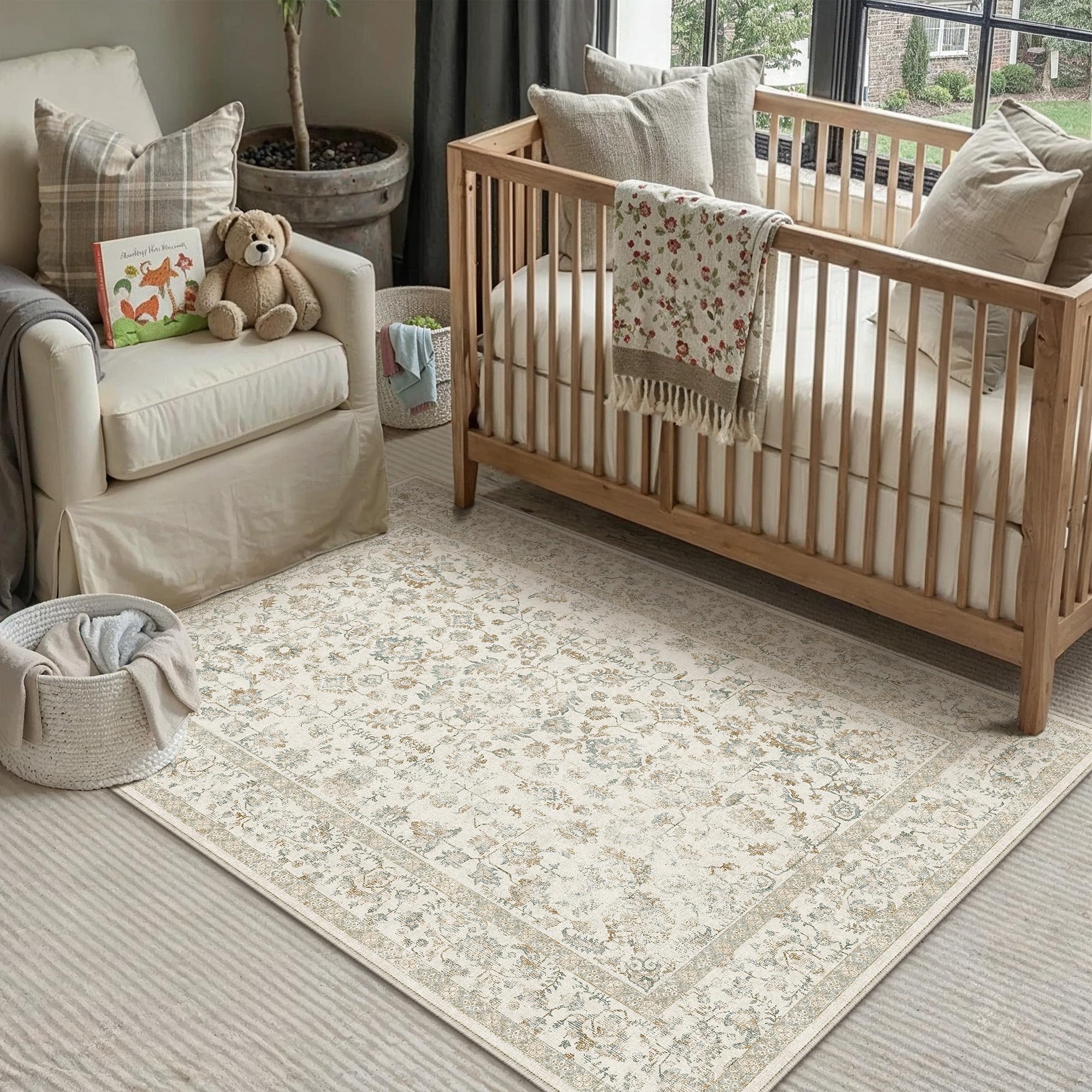 PureCozy Washable Rugs Living Room 120x170cm Vintage Floral Area Rug Non Slip Distressed Bedroom Kitchen Office Dining Room Door Mat Indoor, Traditional Boho Low Pile Carpet, Teal