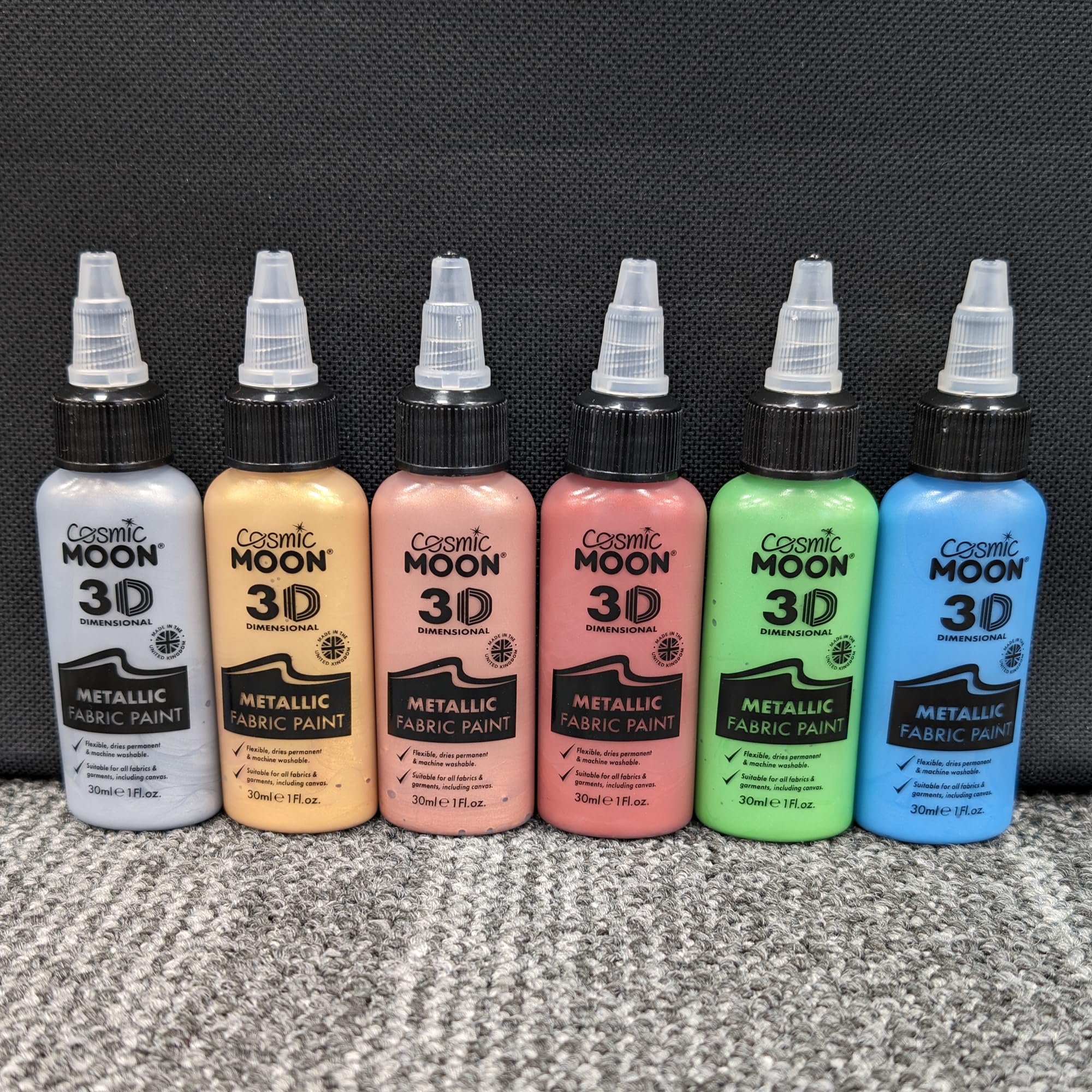 Cosmic Moon - Metallic 3D Fabric Paint - 1.01fl oz - Set of 6 - Textile Paint for Clothes, t-Shirts, Bags, Shoes & Canvas