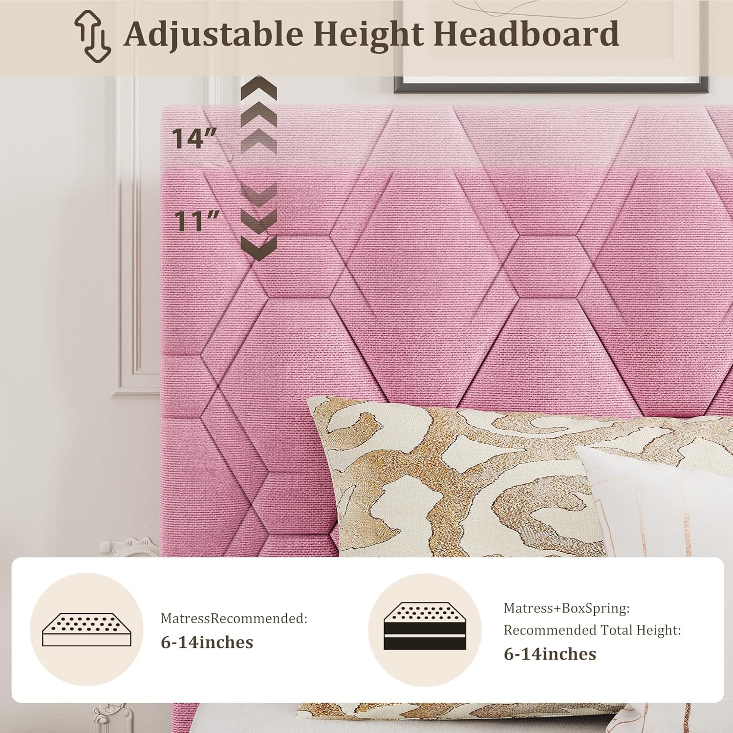 IDEALHOUSE Queen Bed Frame, Pink Velvet Upholstered Platform Bed Frame with Tufted Headboard, Noise Free Wooden Slats Mattress Foundation, No Box Spring Needed, Easy Assembly