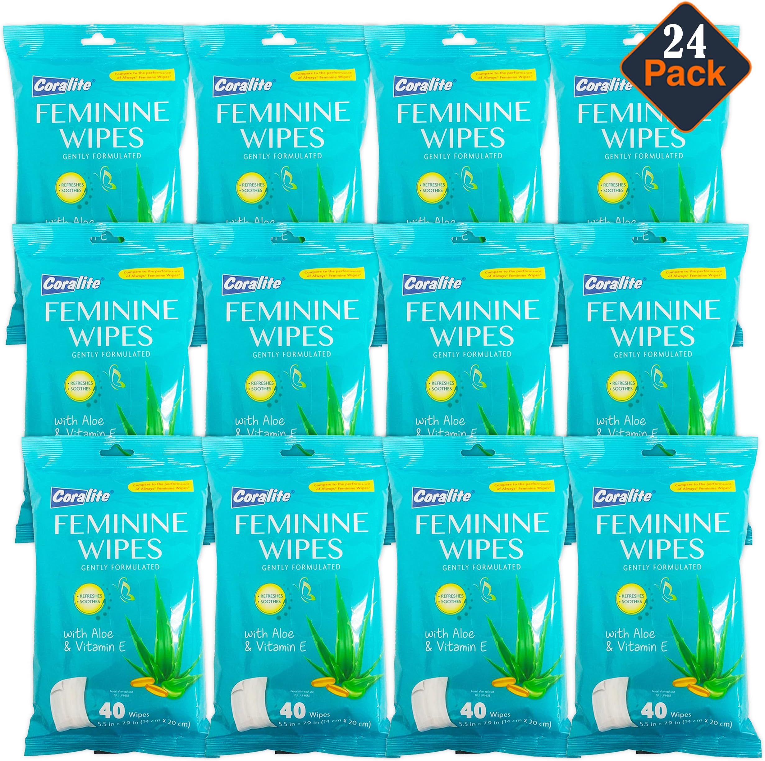 Coralite Feminine Wipes for Women - Feminine Hygiene and Body Wipes For Women with Aloe Vera and Vitamin E in a Resealable Pouch, 40 Cleansing Wipes Per Pack (24 Pack)
