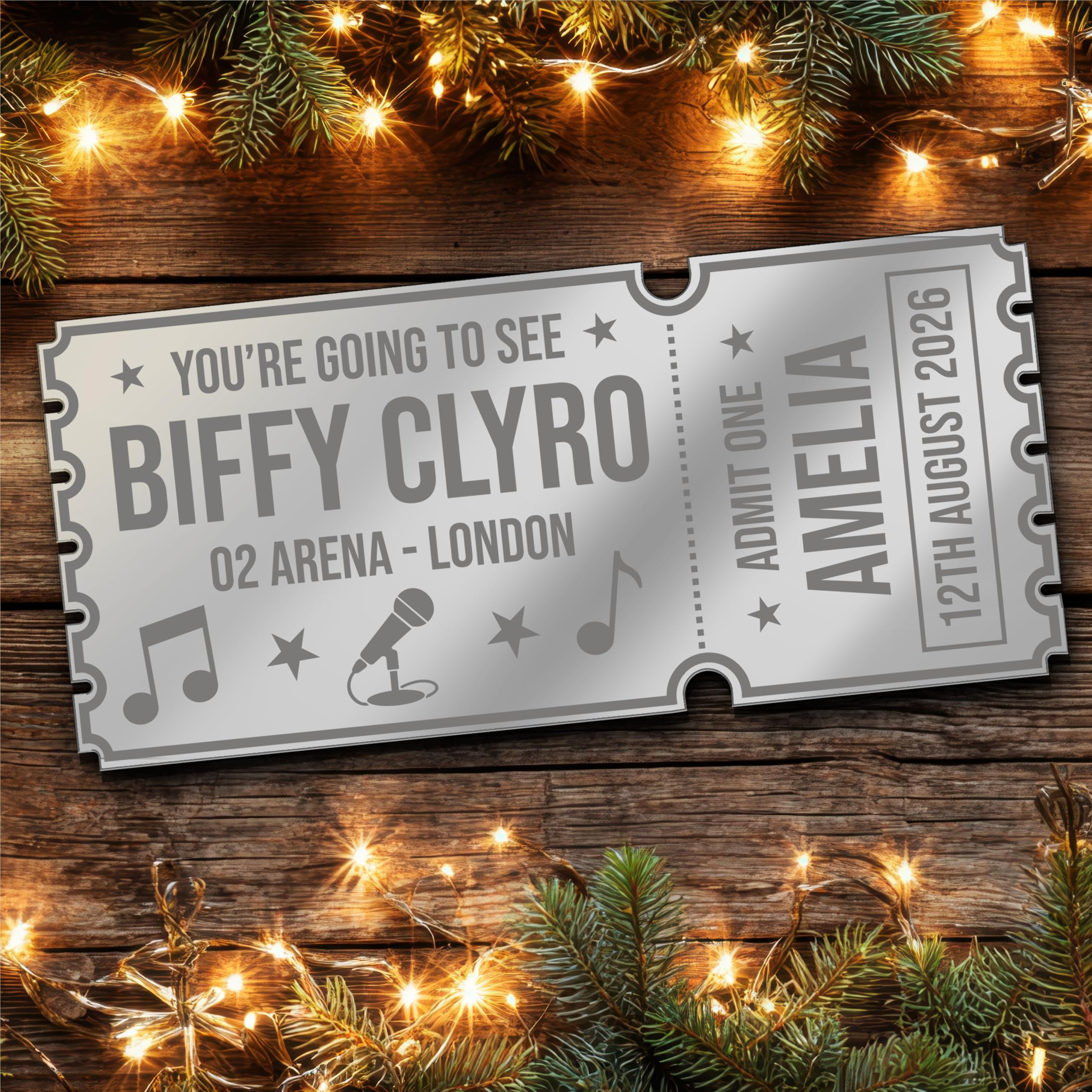 Silver Mirror Acrylic Ticket Any Band Concert Show Personalised Any Text Voucher | Custom Surprise Reveal Voucher Ticket | Announcement Greeting Card | Note Card