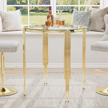 37 Inch Round Bar Table, Modern Counter Height Dining Table with Clear Tempered Glass Top and Gold Stainless Steel Legs, for Home Kitchen, Dining Room, Bistro