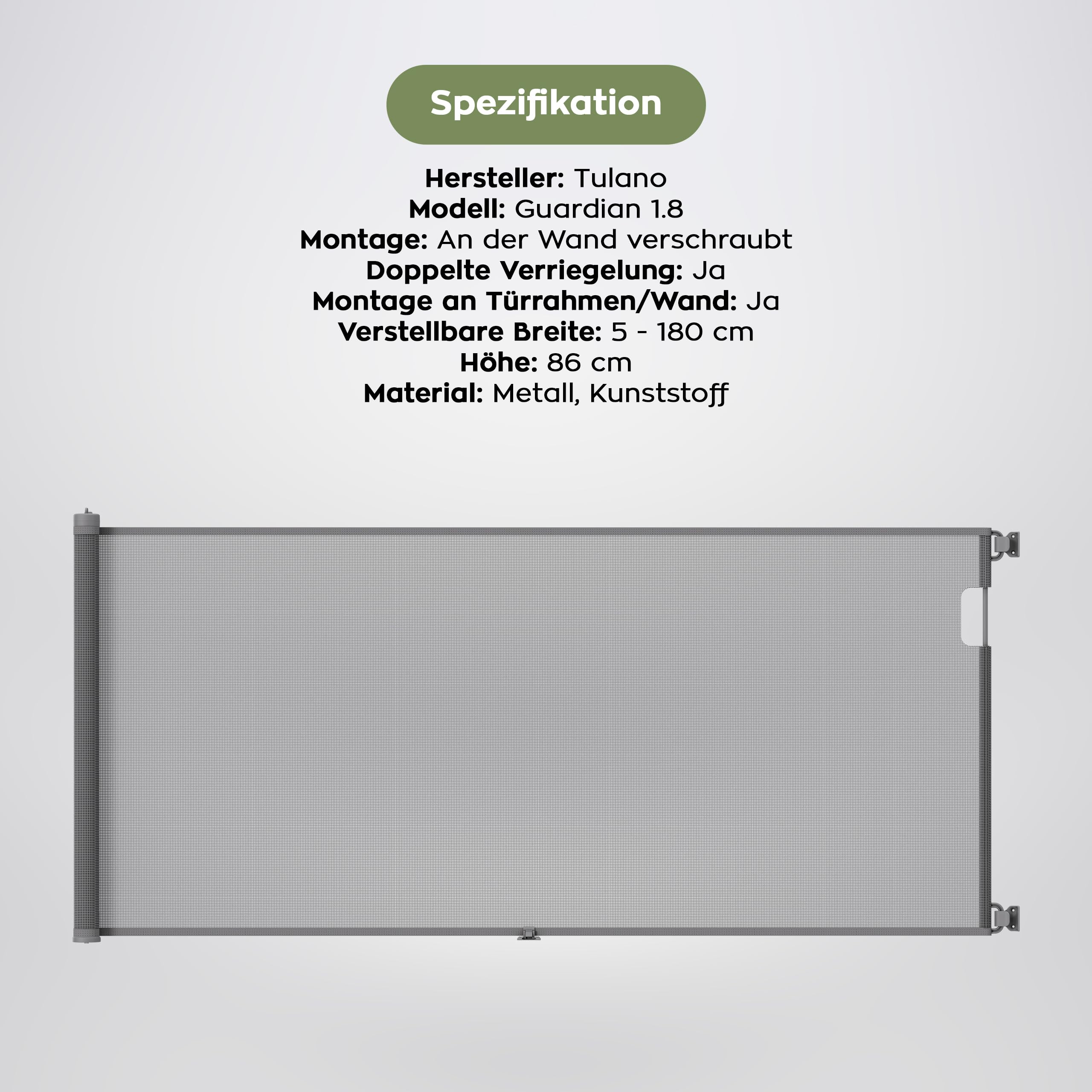 TULANO Guardian Treppenschutzgitter ausziehbar 5-180 cm, Höhe 86 cm, Grau | Extra breites Türschutzgitter für Kinder & Haustiere, Einhandbedienung, sicherer Kinderschutz für Treppen & Türen