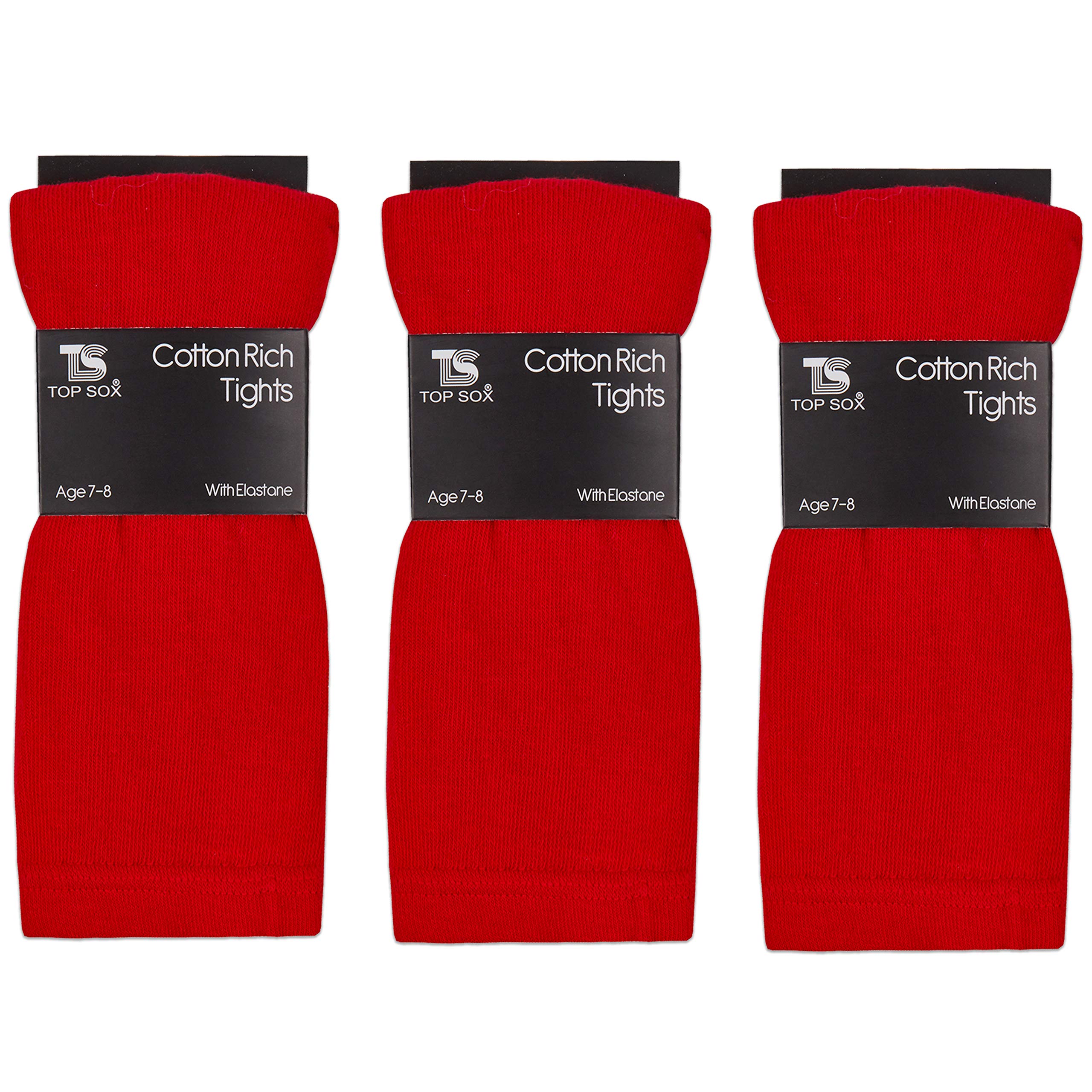 Top Sox Girls Red Childrens 3 Pairs Plain Tights Back To School Everyday Cotton Rich Leggings 2-3