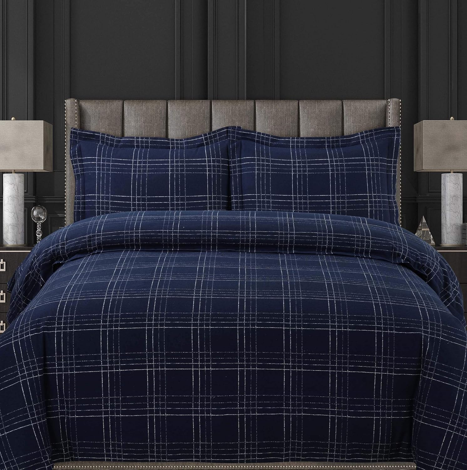 Tribeca Living Oxford Plaid 170-GSM Cotton Flannel Printed Oversized Duvet Set