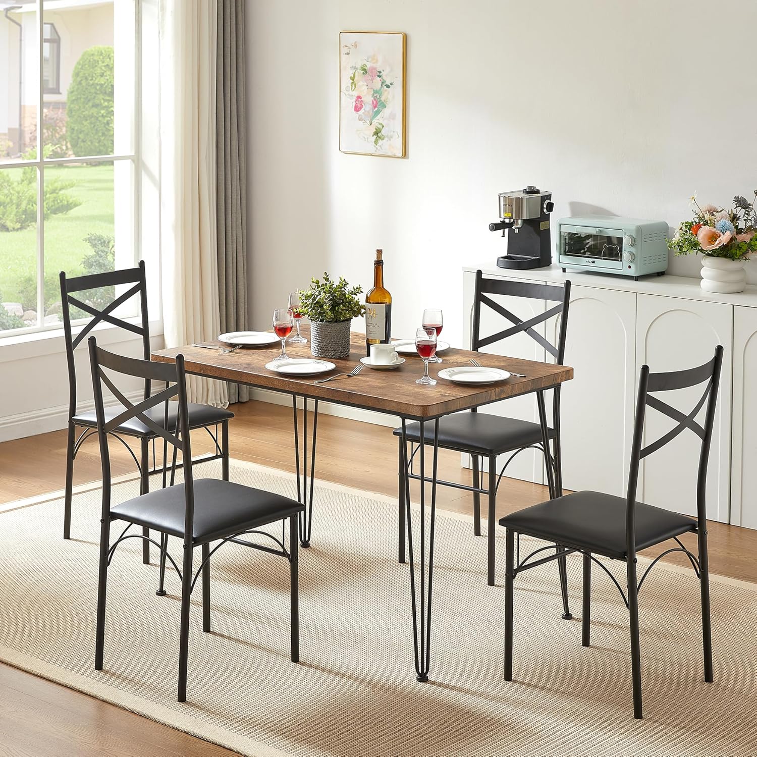 VECELO Dining Table Set for 4, Kitchen Table Set with 4 Chairs for Small Space, Space-Saving and Modern Design, Apartment, Easy to Assemble,Classic Brown