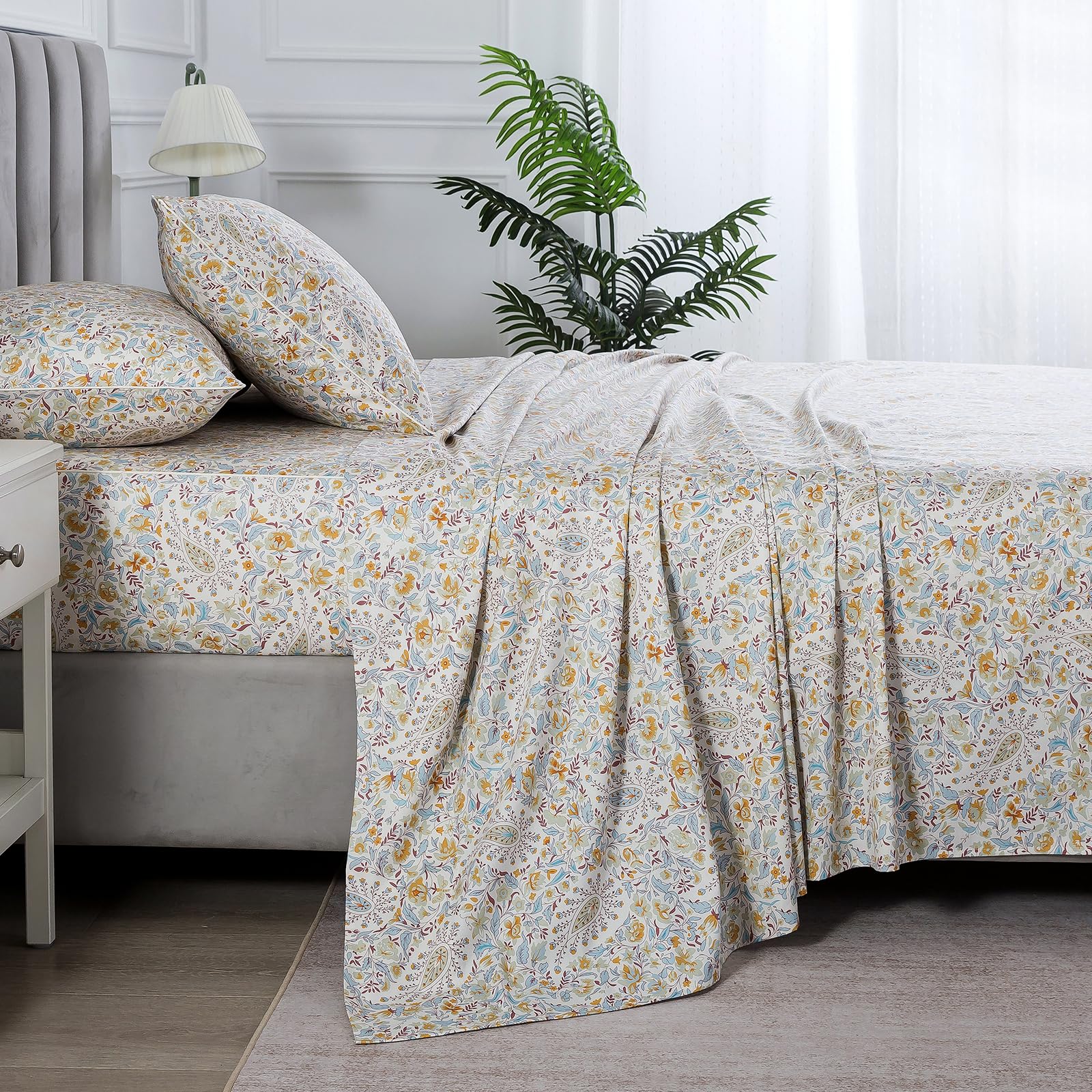 Lenzuola in percalle con motivo cachemire vintage, per letto California King, beige chiaro, shabby chic, floreale, 100% cotone, con tasca profonda, set di biancheria da letto di lusso, motivo