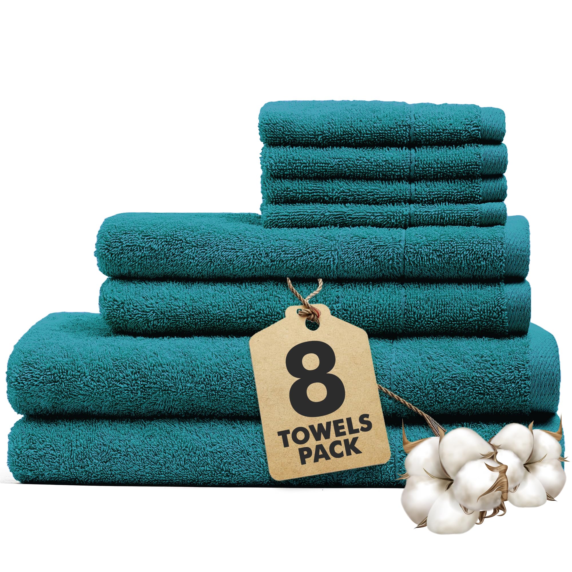 Novo Home Bath Towels Set of 8 – 550 GSM 100% Cotton Teal Towel Set Bale Includes 2 Bath, 2 Hand, 4 Face Towels – Soft, Absorbent & Quick Dry Towel for Bathroom, Spa, Kitchen, Hotel Use — image 1