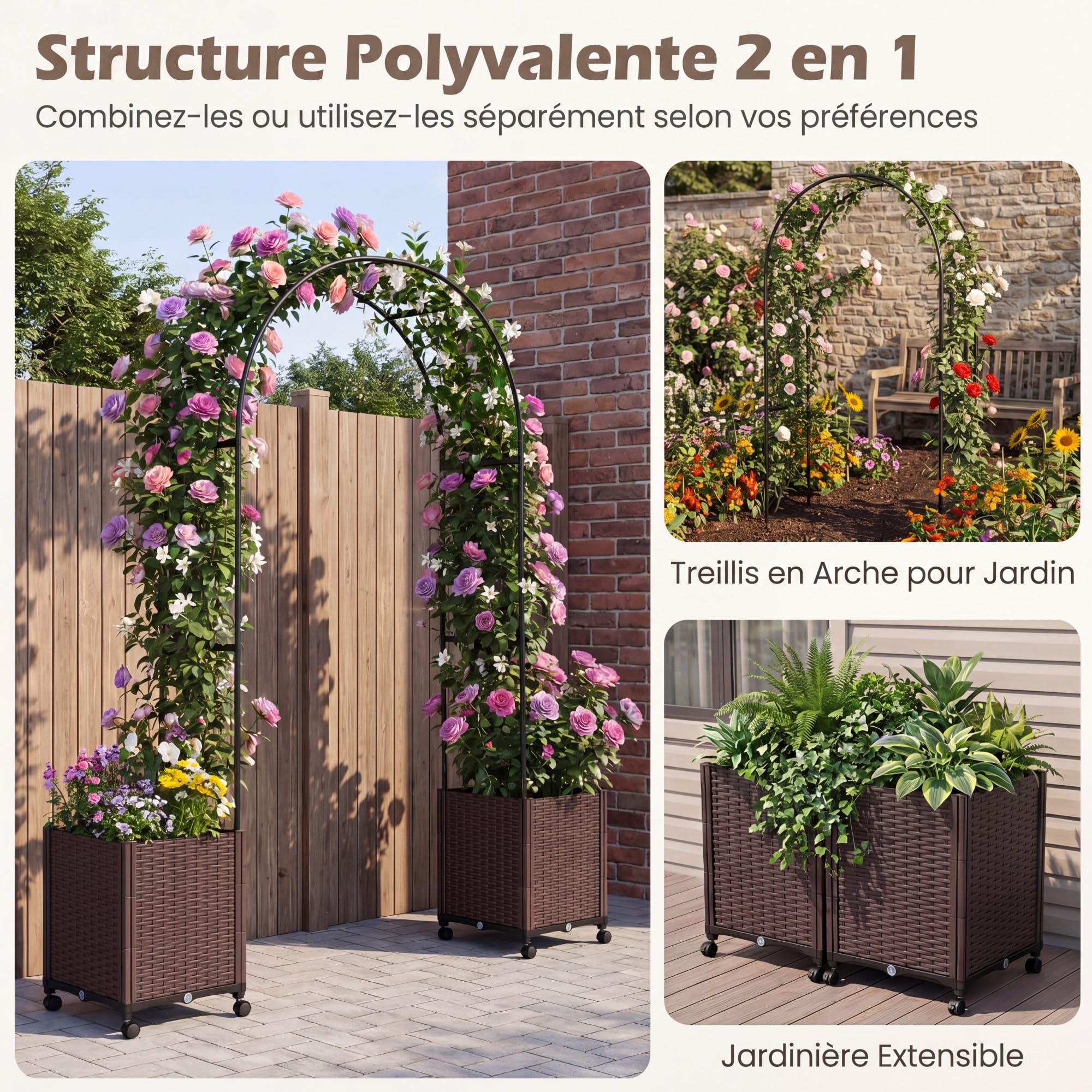 GOPLUS Arche de Jardin avec 2 Jardinères Surélevées, Roues Verrouillables, Arche Rosier avec Treillis Arqué, Auto-Arrosage pour Plantes Grimpantes, Fleurs, Herbes, Légumes, Fruits (203x40x232CM)