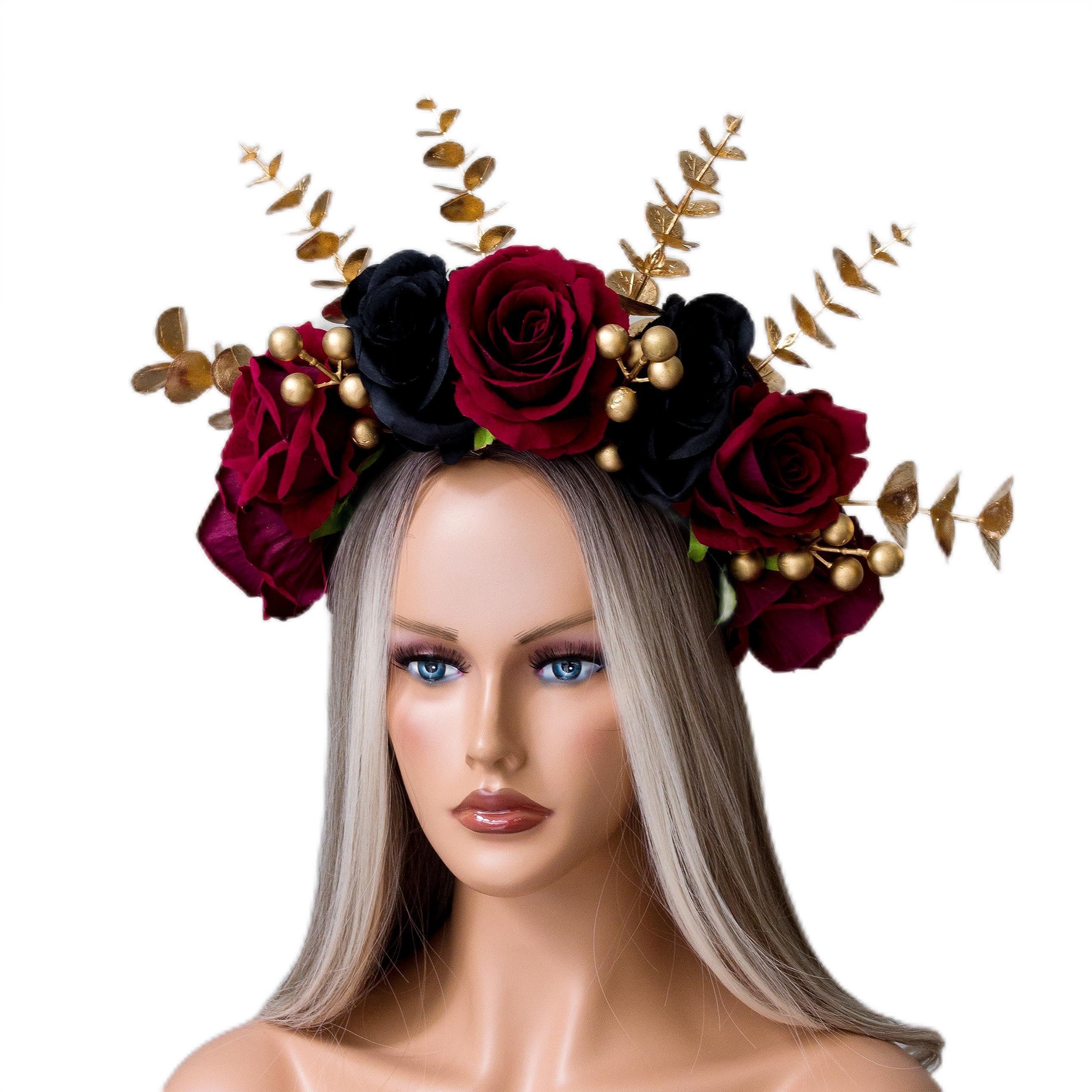 Burgundy beige black flower headband Fascinator choker necklace OOAK piece Burgundy Feather Fascinator Wine Dark Red Velvet Padded  main image 3