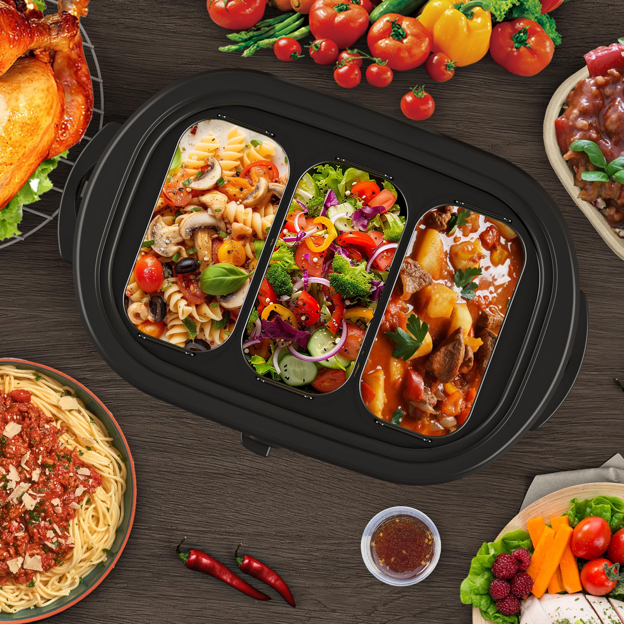 Sunvivi Electric Roaster Oven, 24 QT Turkey Roaster Oven with 3 Bin Buffet Server, 150-450F Full-Range Temperature Control, Removable Pan & Rack, Stainless Steel, Silver