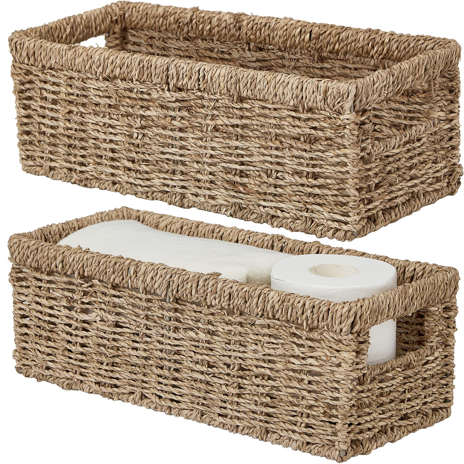 Vagusicc Lot de 2 paniers de rangement en osier, paniers en jonc de mer tissés à la main avec poignées, panier à papier toilette pour réservoir de toilette, petits paniers en osier pour organiser les