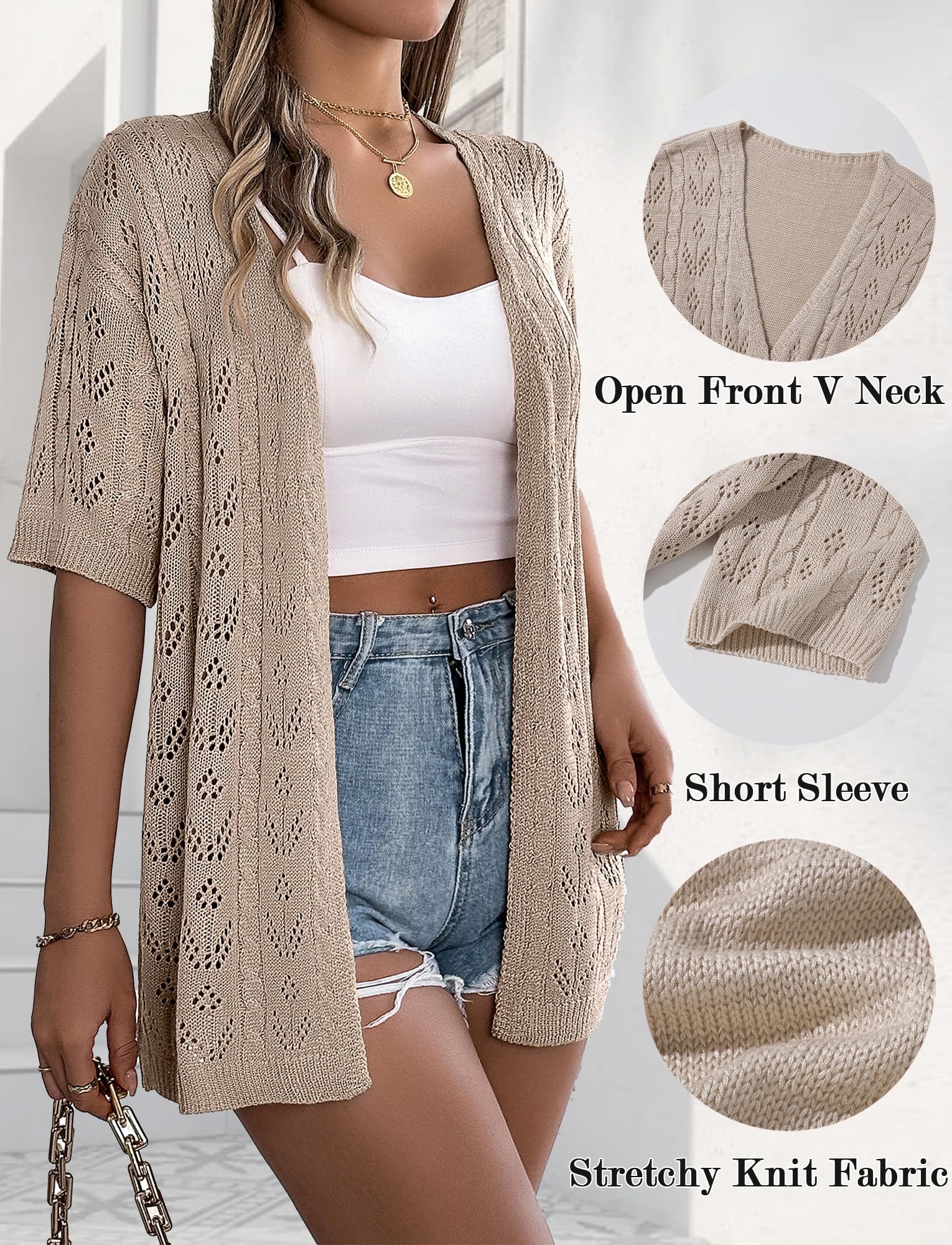 Cárdigan elegante de manga corta para mujer, cárdigan hueco, informal, ligero, transpirable, cárdigan suelto para primavera, verano, vacaciones