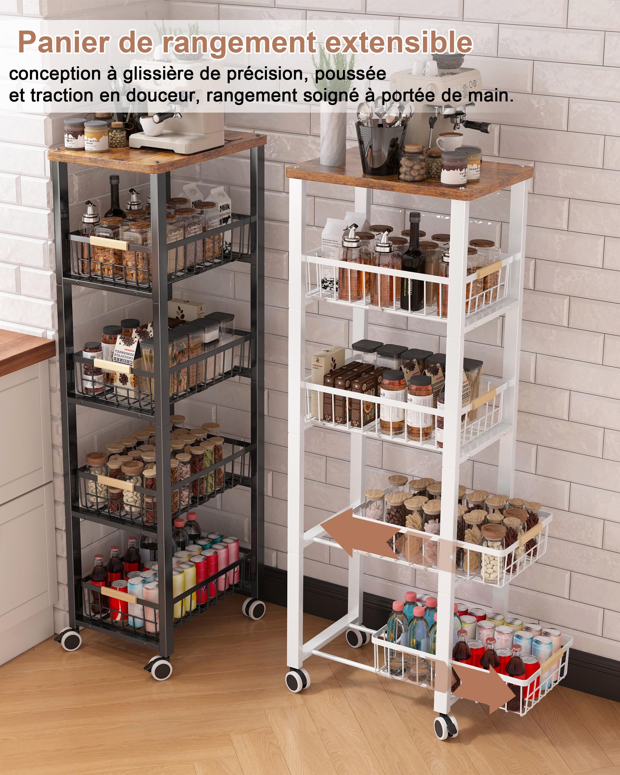 Chariot de Service Rangement à 5 Niveaux, Étagère de Cuisine avec roulettes en Métal, avec Paniers Extractibles, Chariots pour la Cuisine, la Salle de Bains et Le Bureau (Blanc)