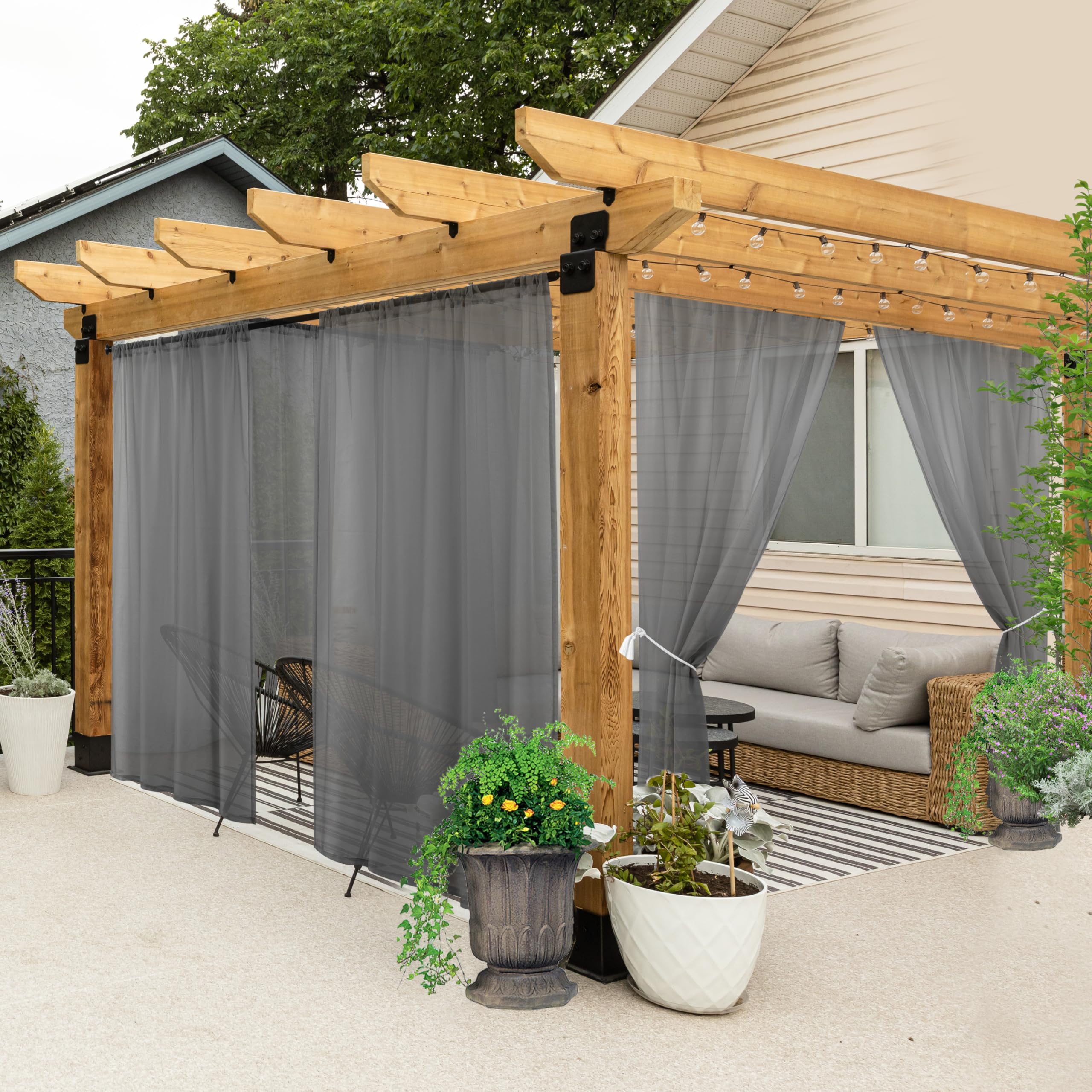 HolidayIdeas All Weather Outdoor Patio Curtains 6 Pcs Linen Look Rod Pocket Sheer Outdoor Curtains for Porch, Balcony, Gazebo, Pergolas, Cabana, Grey,