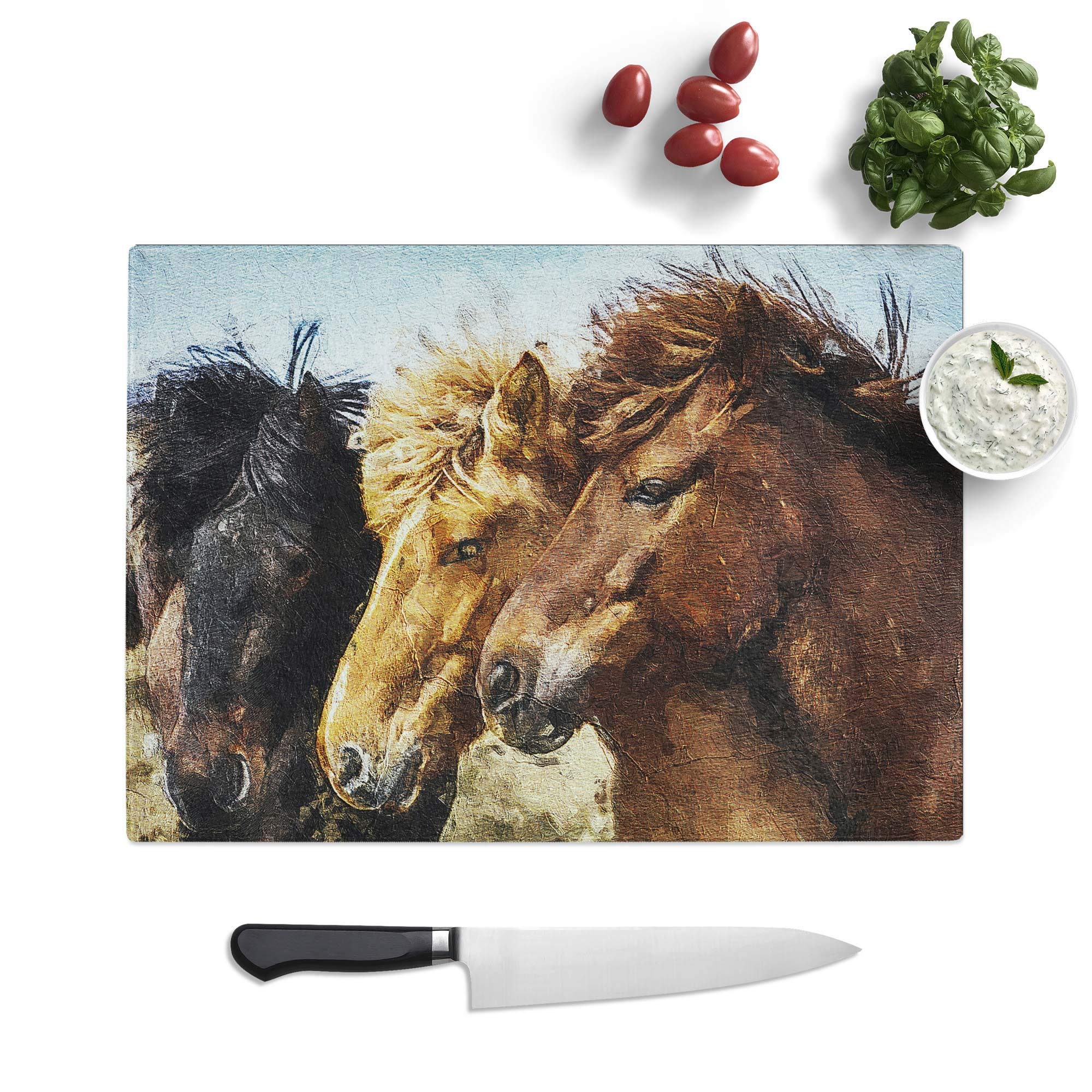 Glass Chopping Board - A Trio of Horses - Textured Worktop Saver Cutting Board - Heat Resistant, Shatterproof and Hygenic - 28.5 x 20 cm