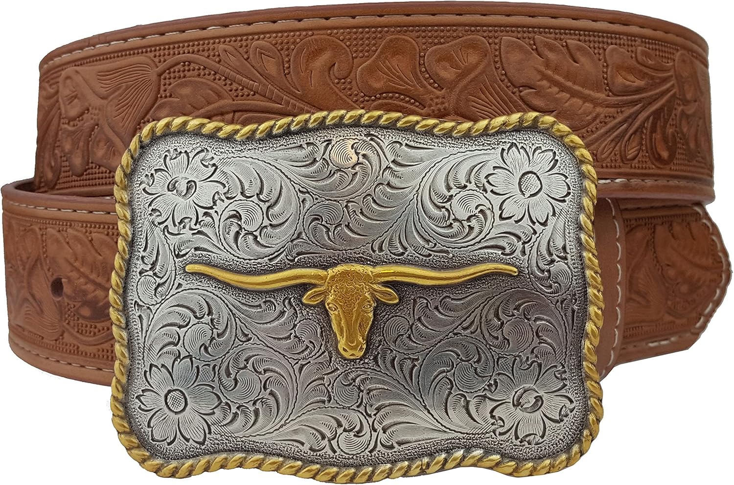 Trendy Western Buckle with floral leather embossing belt