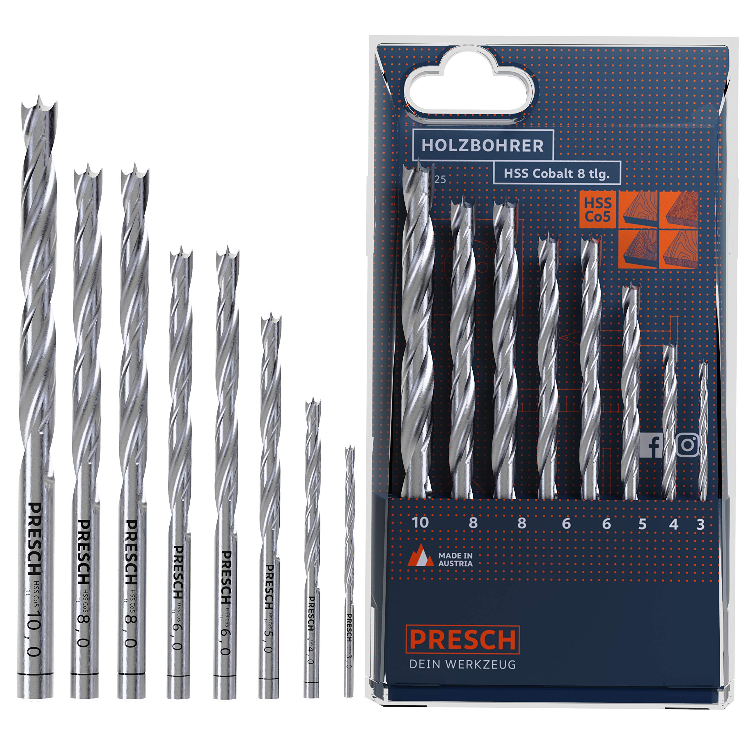 Presch Brocas Madera de HSS Cobalto 8 pzas. - Juego Brocas Profesional en Espiral con Aleación de Cobalto para Todo Tipo de Madera - Brocas Ø 3-10mm