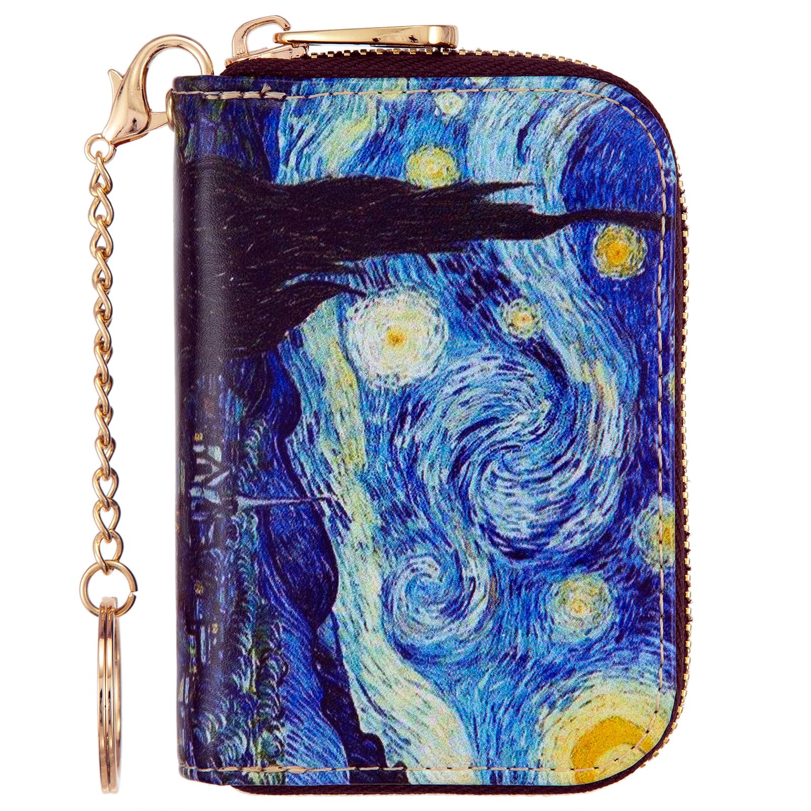 Womens Credit Card Holder Wallet Zipper Leather Card Case RFID Blocking Keychain (A Van Gogh The Starry Night)