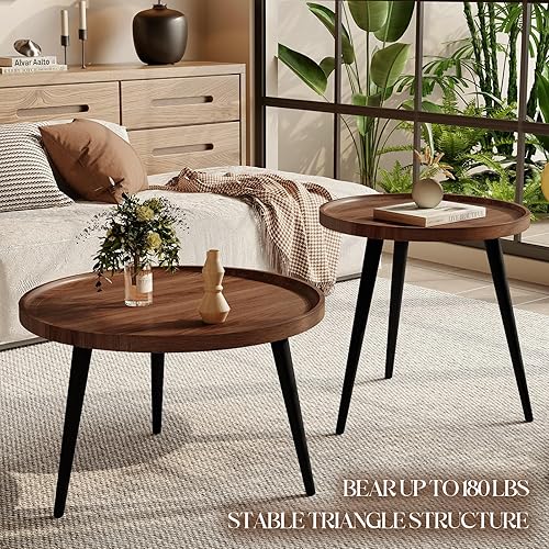 Miniatura 8 de 2 piezas de mesa de centro moderna de mediados de siglo, redonda para sala de estar, fácil de montar, mesas de centro anidables, mesa de centro