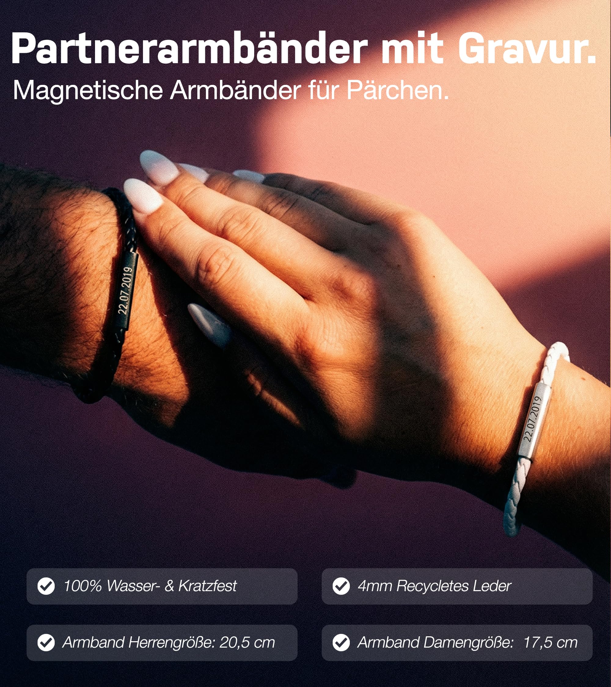 BAVELA Partnerarmbänder mit Gravur | Personalisierte Armbänder Magnetisch | Partnerarmband für Paare | Pärchen Armband | für Herren und Damen | Leder Armband mit Gravur