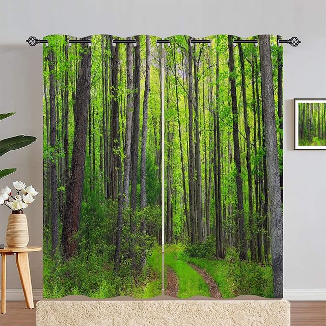 ANHOPE Woodland Curtains Eyelet 80% Blackout Room Darkening Curtains with Forest Jungle Tree Path Scene Print Pattern Thermal Insulated Window Drapes for Bedroom Living Room 66 x 90 Inch Drop 2 Panels