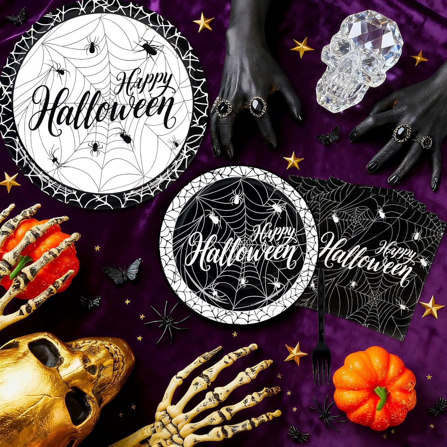 100 Pieces Halloween Plates and Napkins Set - Black Spider Web Disposable Paper Plates Dinner Dessert Plate, Cocktail Napkins, Forks Halloween Party Decorations Serve 25