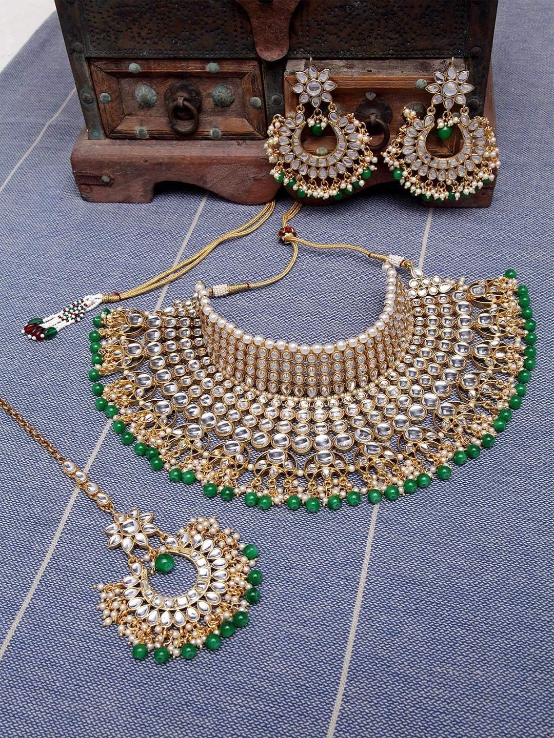 Aheli Wedding Designer Faux Kundan Studded Choker Necklace with Maang Tikka Set Indian Ethnic Bharatanatyam jewellery set Gift for Women - Image 6