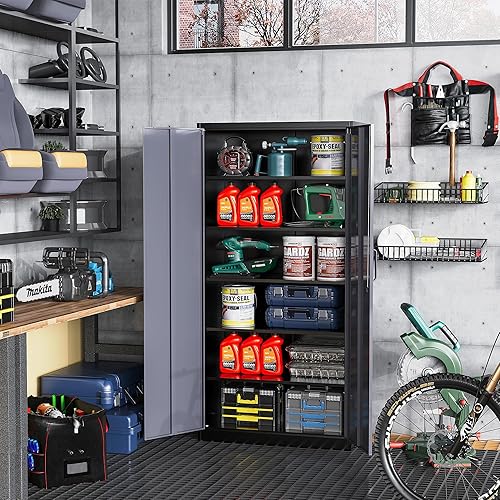 Miniatura 27 de STANI Armario de almacenamiento de metal para garaje con cerradura, archivador de acero con cerradura de 71 pulgadas, gabinete de almacenamiento de