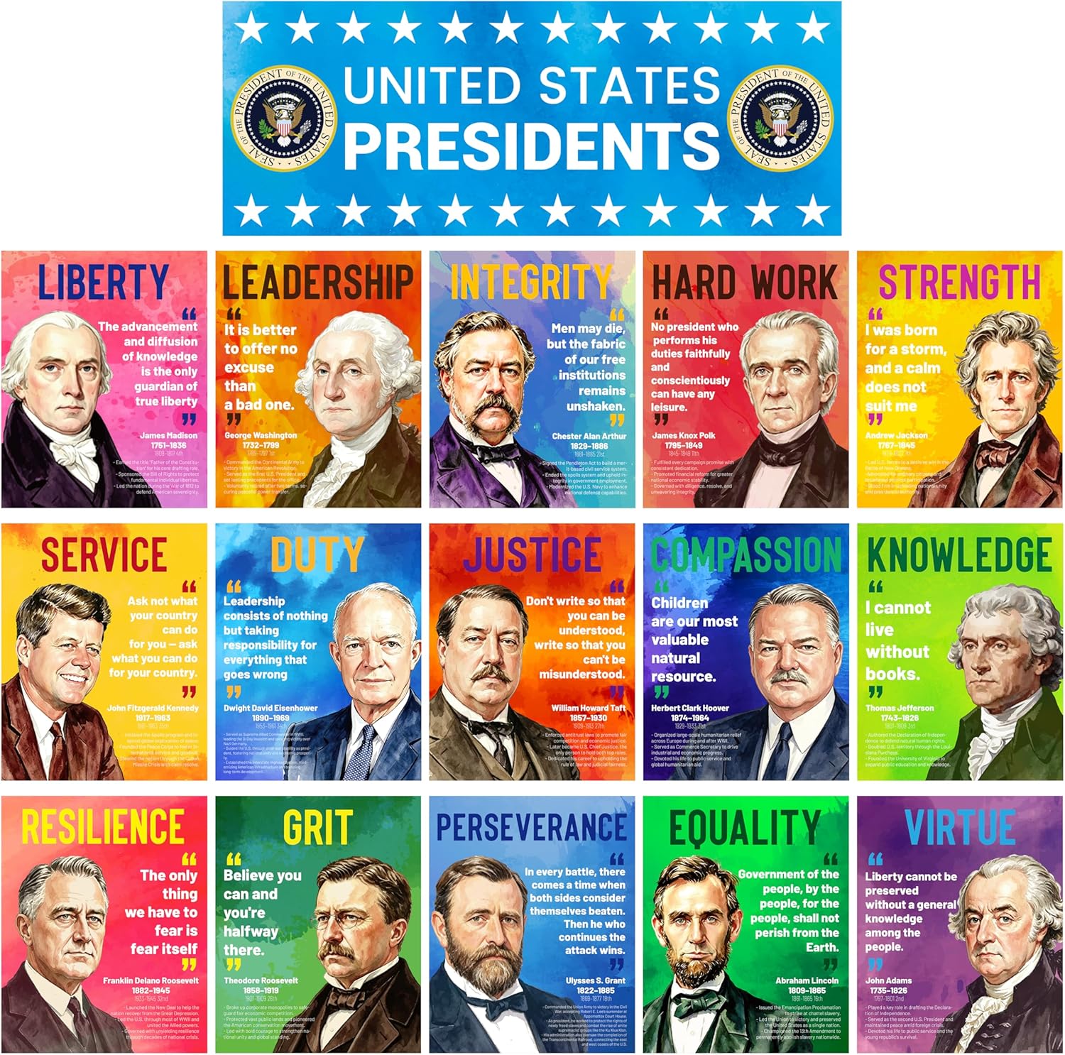 16 PCS USA Presidents Poster for History Classroom Study, Famous Presidents of Of America Inspirational Quote Poster, Social Studies Classroom Decorations for Classroom Bulletin Boards History Wall Decor, Middle High School Classroom Decor