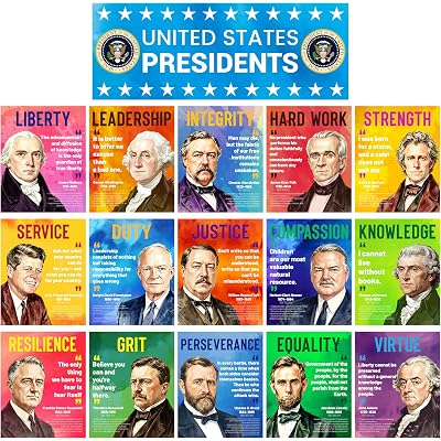 16 PCS USA Presidents Poster for History Classroom Study, Famous Presidents of Of America Inspirational Quote Poster, Social Studies Classroom Decorations for Classroom Bulletin Boards History Wall Decor, Middle High School Classroom Decor