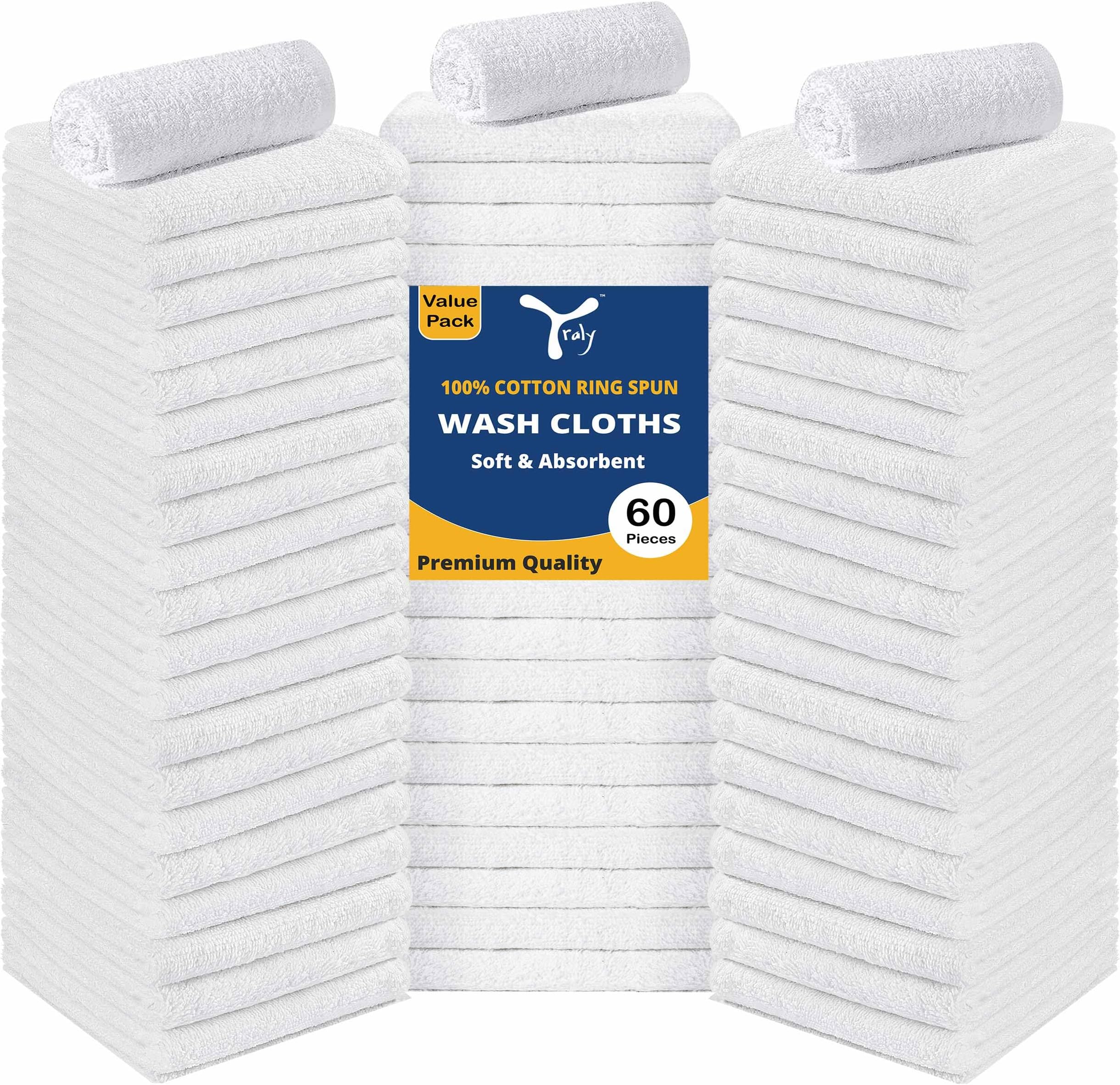 YRALY Cotton Washcloths Bulk (60 Pack) 100 Ring Spun Cotton, Premium Quality Face
