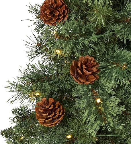 Miniatura 3 de Nearly Natural Árbol de Navidad artificial de pino blanco de montaña de 3 pies con 50 luces LED transparentes y conos de pino