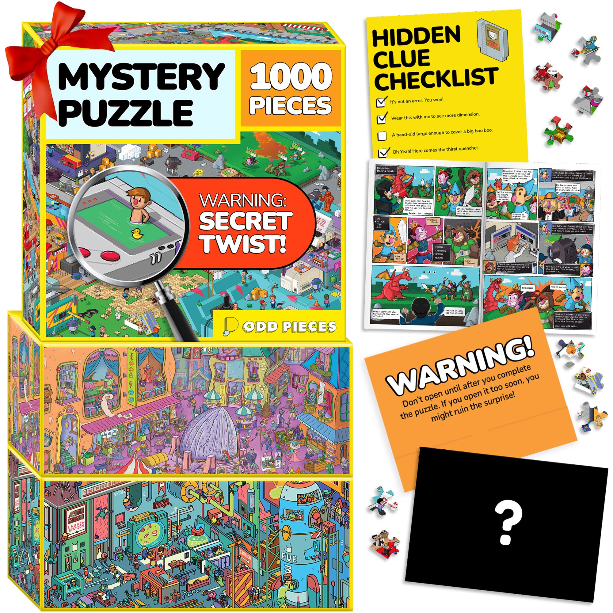 Odd Pieces Jigsaw Puzzles 1000 Pieces with Storytelling Comics, for Women, White Elephant, Mystery Puzzle for Adults & Kids - 19.7'' x 27.6'' Frameable Magic Puzzle Art (Series 2)