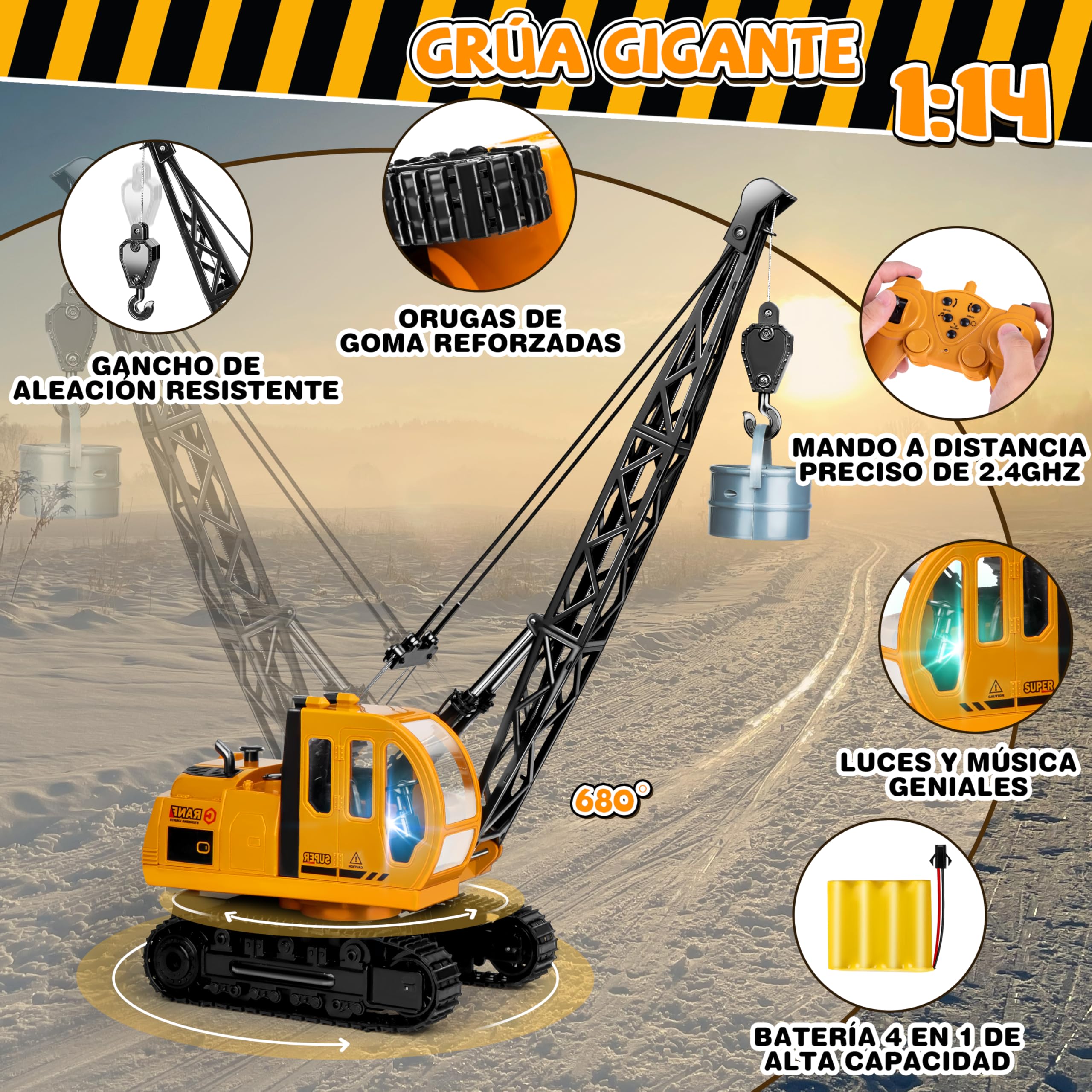 Joellfuner 1:14 Grúa de Juguete, 2,4G Grúa Teledirigida con Luces y Sonidos Realistas, Gruas de Juguete para Niños con 2 Herramientas, Regalo para Niños de 3 a 12 Años (Extra Grande)