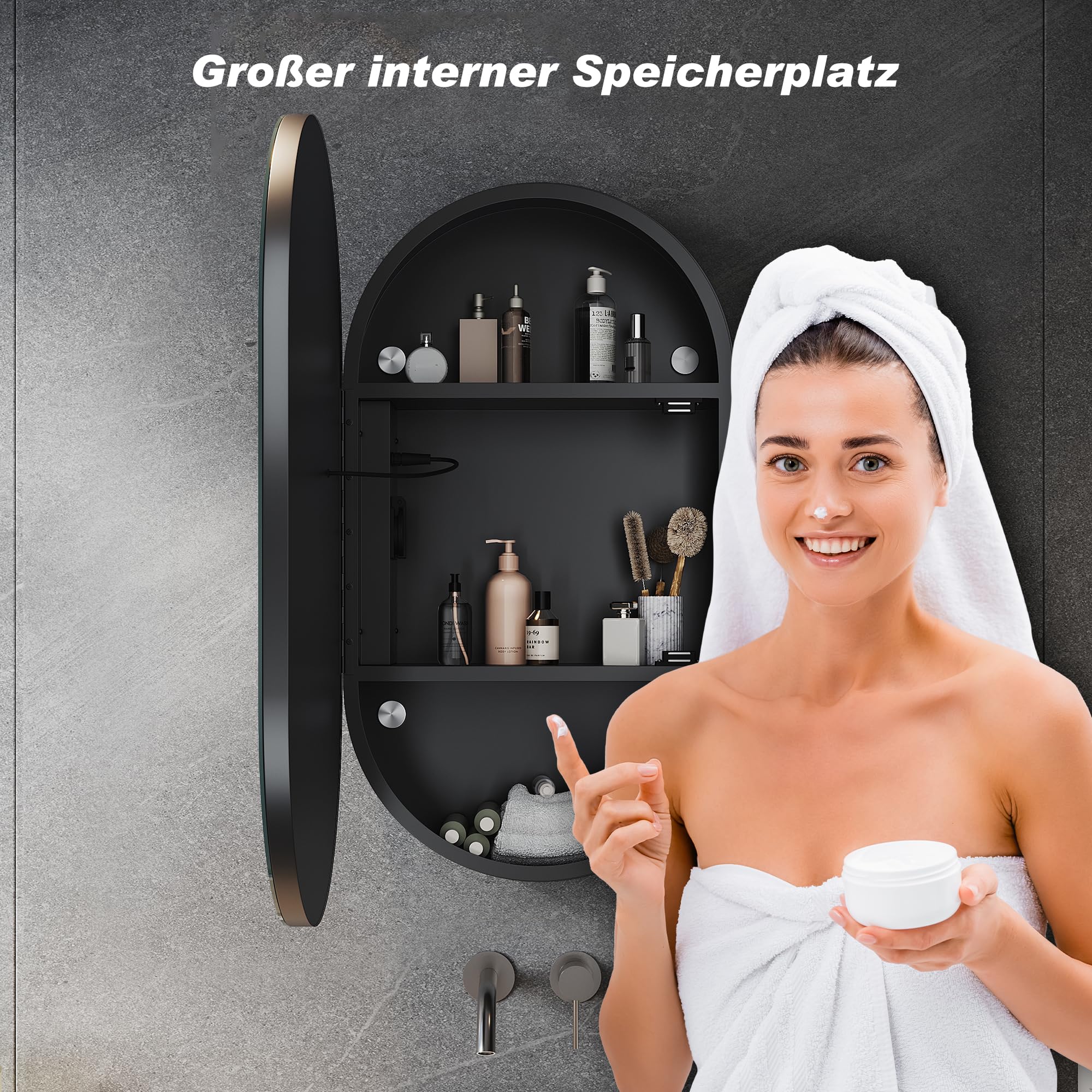 SONNI Armadietto a specchio da bagno con illuminazione e presa LED, interruttore touch, dimmabile, 3 colori luce regolabili, anti-appannamento, ovale, 40x70 cm, nero opaco