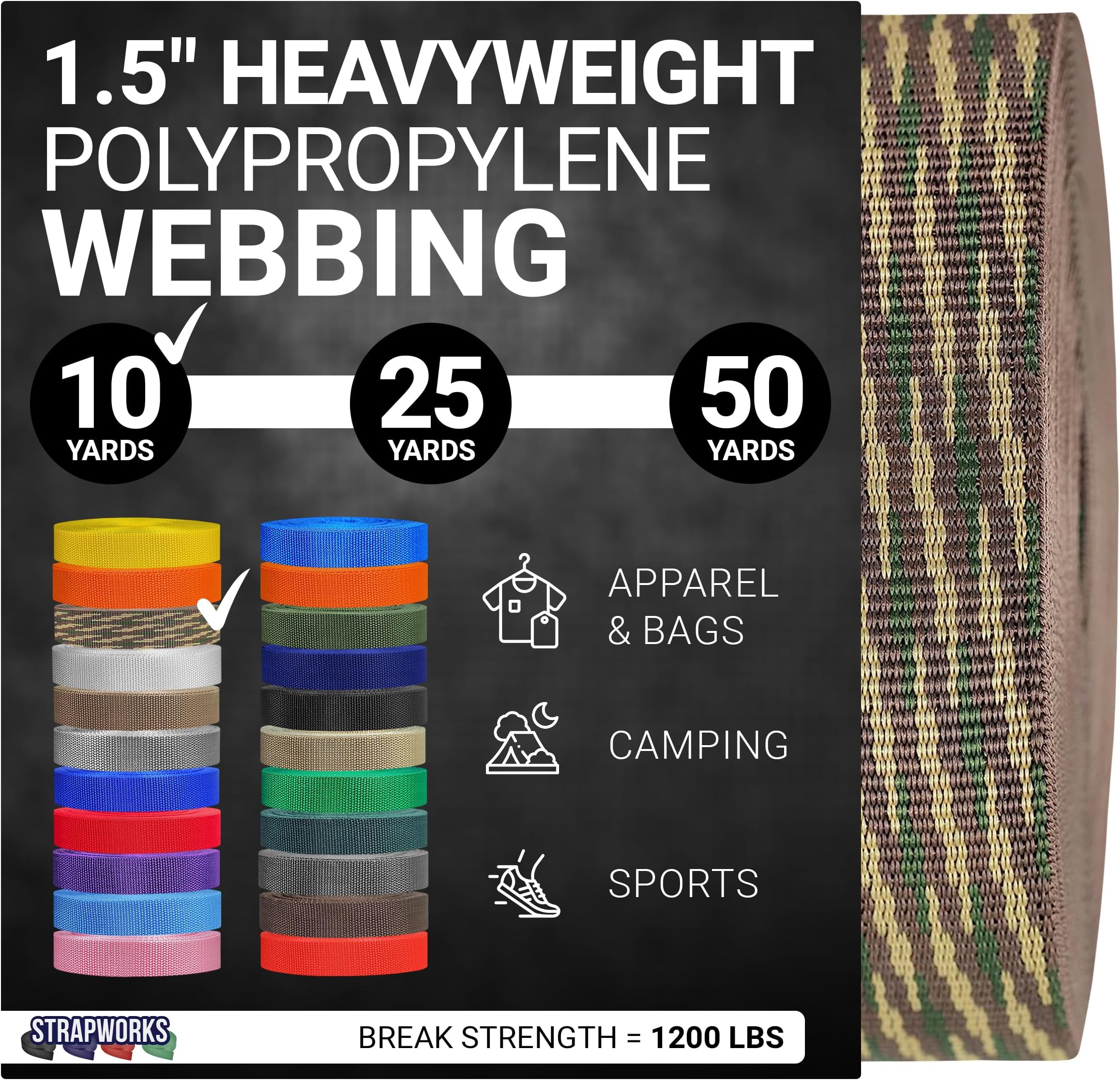 Heavyweight Polypropylene Webbing - Heavy Duty Poly Strapping for Outdoor DIY Gear Repair, 1.5 Inches